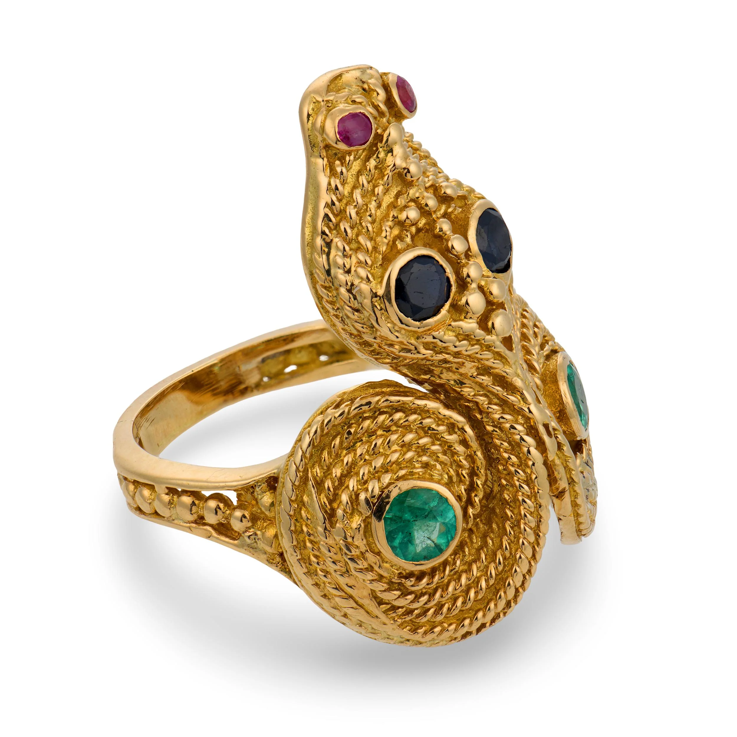 LALOUNIS Estate Greek 18k Sapphire, Ruby, & Emerald Snake Ring - Image 3