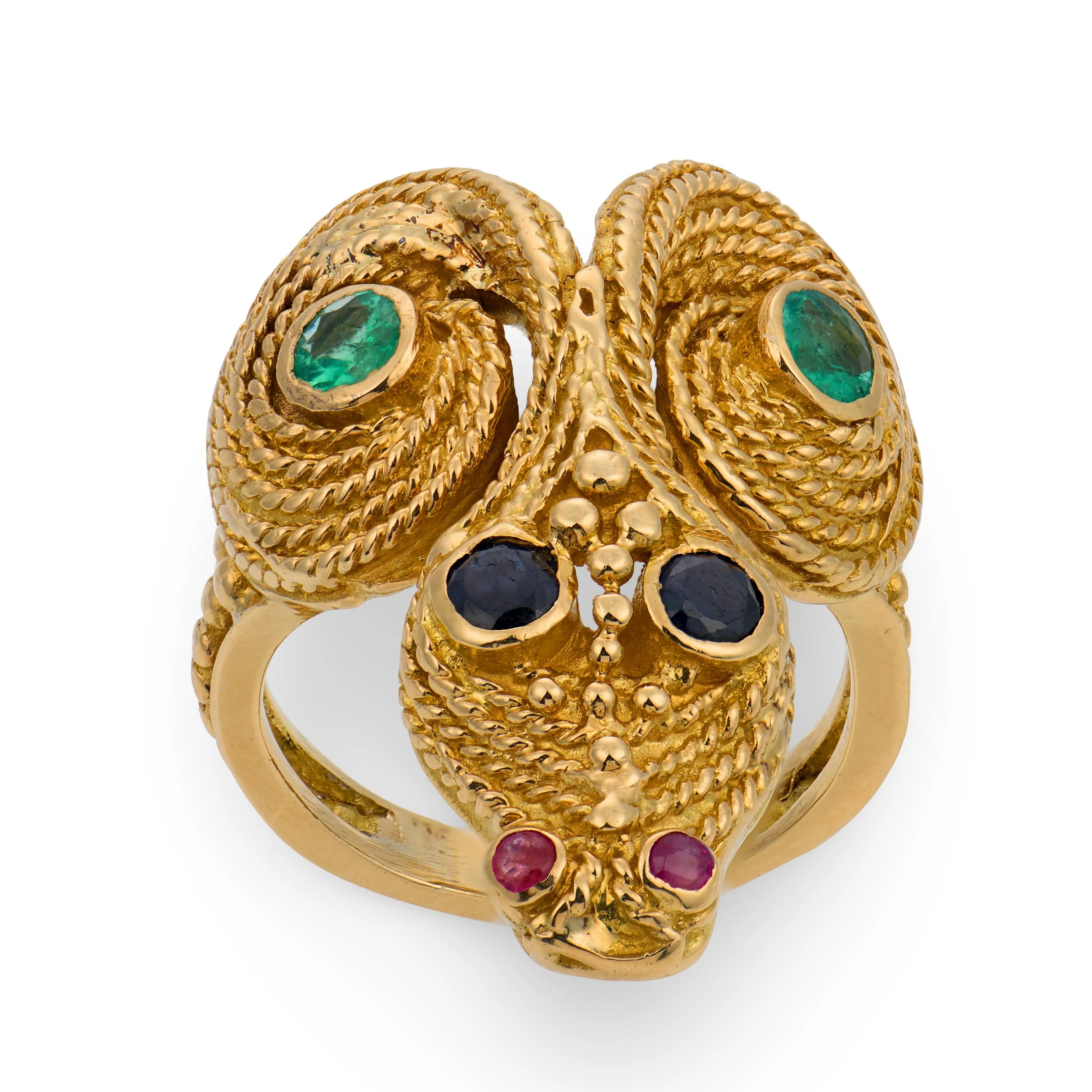 LALOUNIS Estate Greek 18k Sapphire, Ruby, & Emerald Snake Ring - Image 5