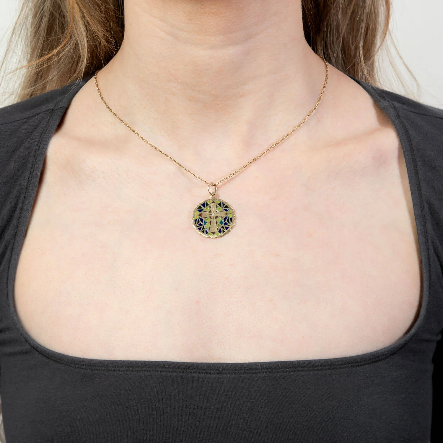 LARTER & SONS Art Nouveau 14k Plique-À-Jour Diamond Cross Disc Pendant - Image 4