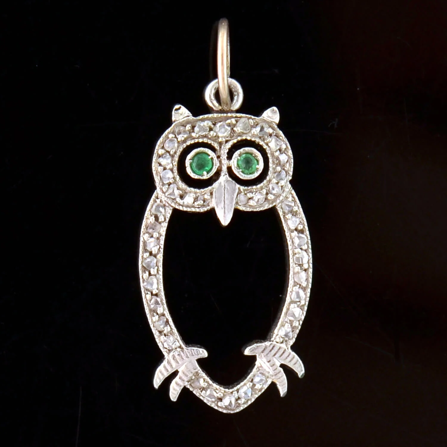 Late Art Deco Platinum Diamond + Emerald Owl Charm *CONVERTED TO PENDANT NECKLACE - Image 2