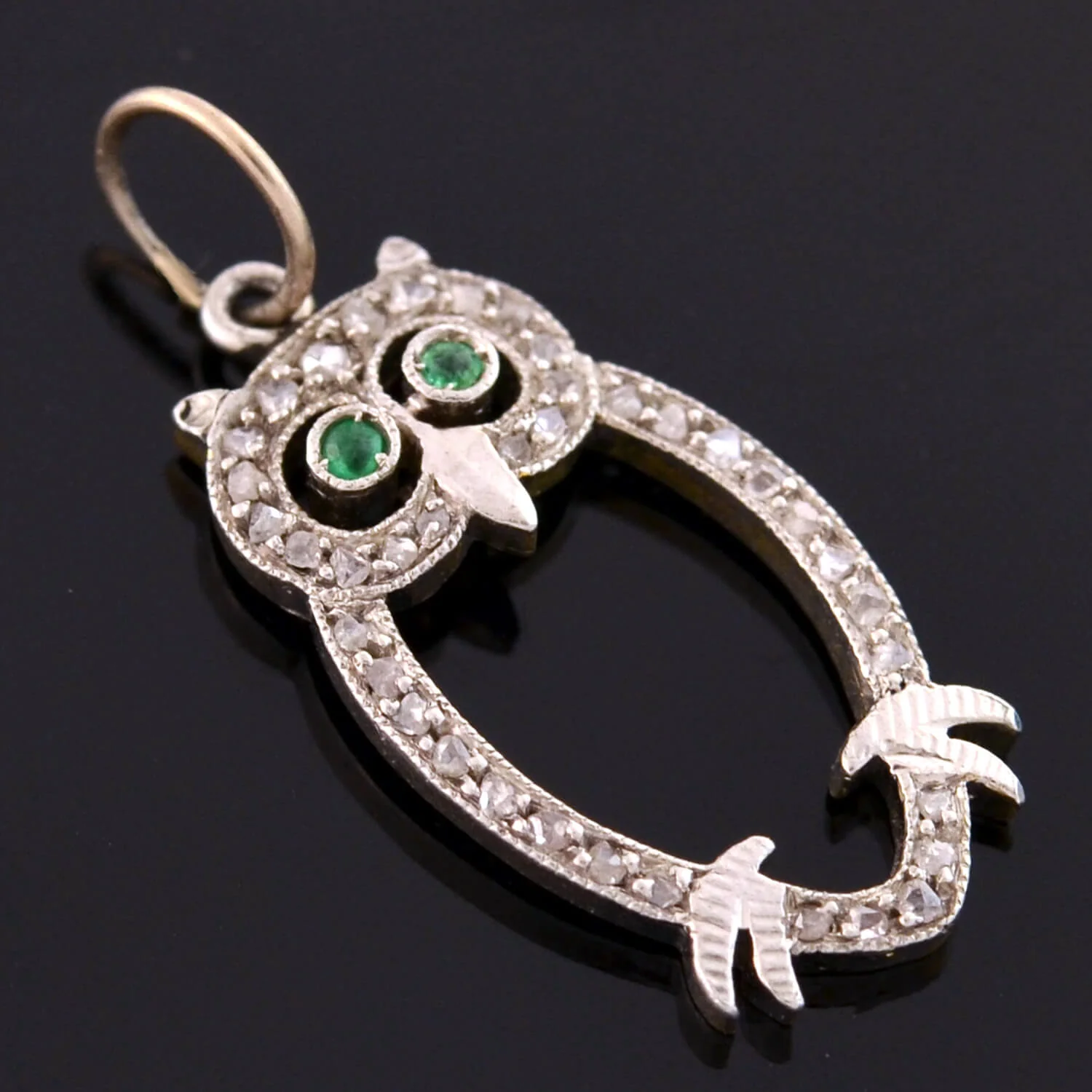 Late Art Deco Platinum Diamond + Emerald Owl Charm *CONVERTED TO PENDANT NECKLACE - Image 3