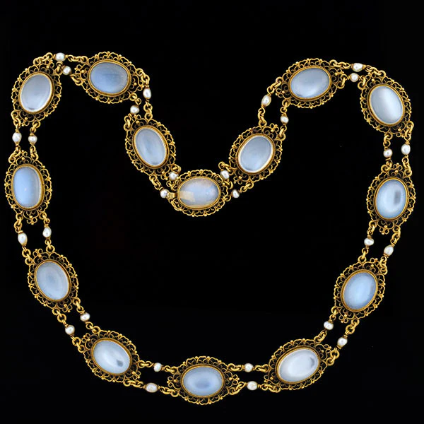 Victorian 14kt Moonstone + Pearl Filigree Earring Necklace Set - Image 2
