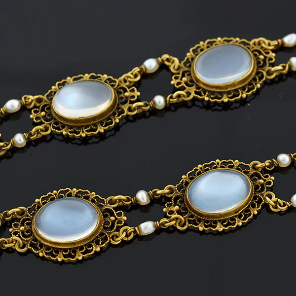 Victorian 14kt Moonstone + Pearl Filigree Earring Necklace Set - Image 4