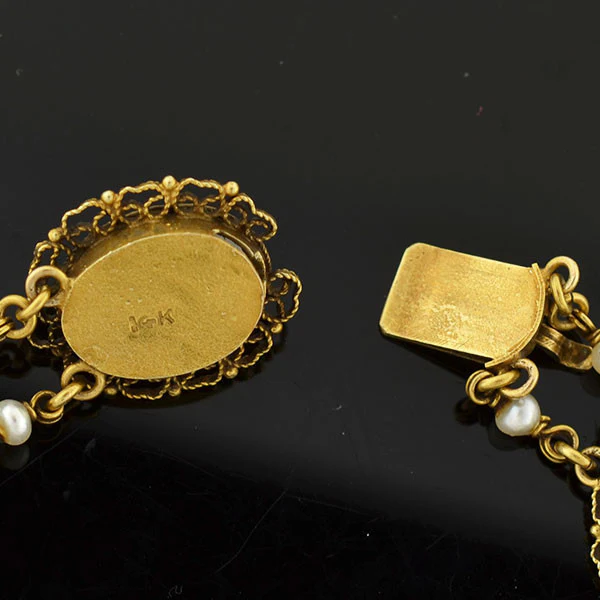 Victorian 14kt Moonstone + Pearl Filigree Earring Necklace Set - Image 6