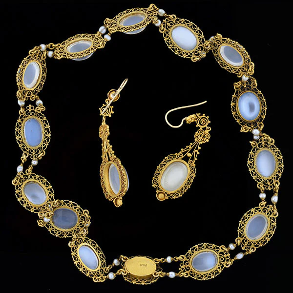 Victorian 14kt Moonstone + Pearl Filigree Earring Necklace Set - Image 7