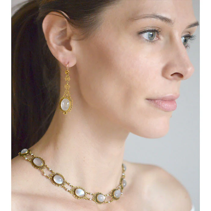 Victorian 14kt Moonstone + Pearl Filigree Earring Necklace Set - Image 8