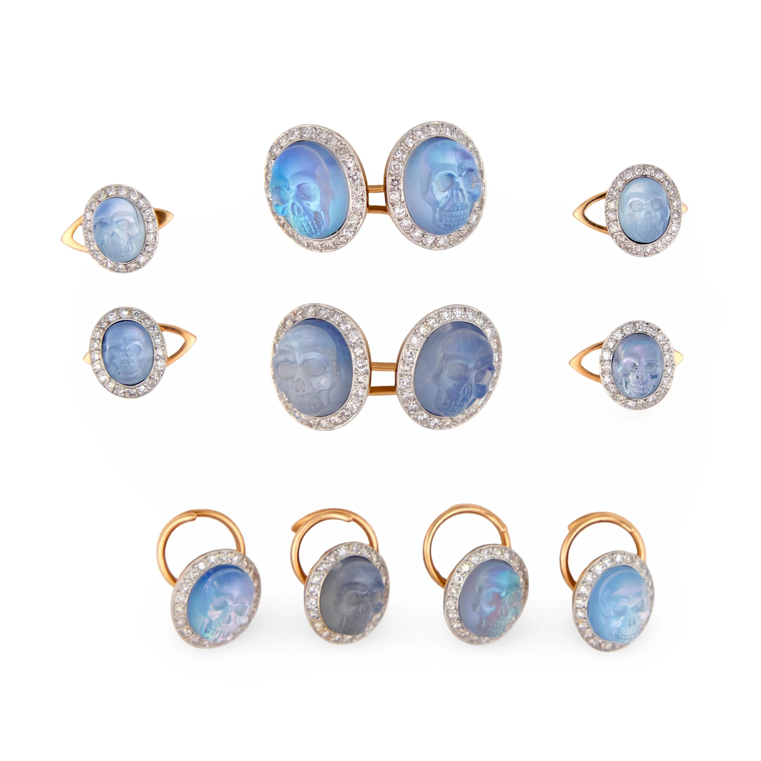 MORELLE DAVIDSON Estate 14k/Platinum Moonstone Skull-Motif 10-Piece Cufflink Set - Image 2