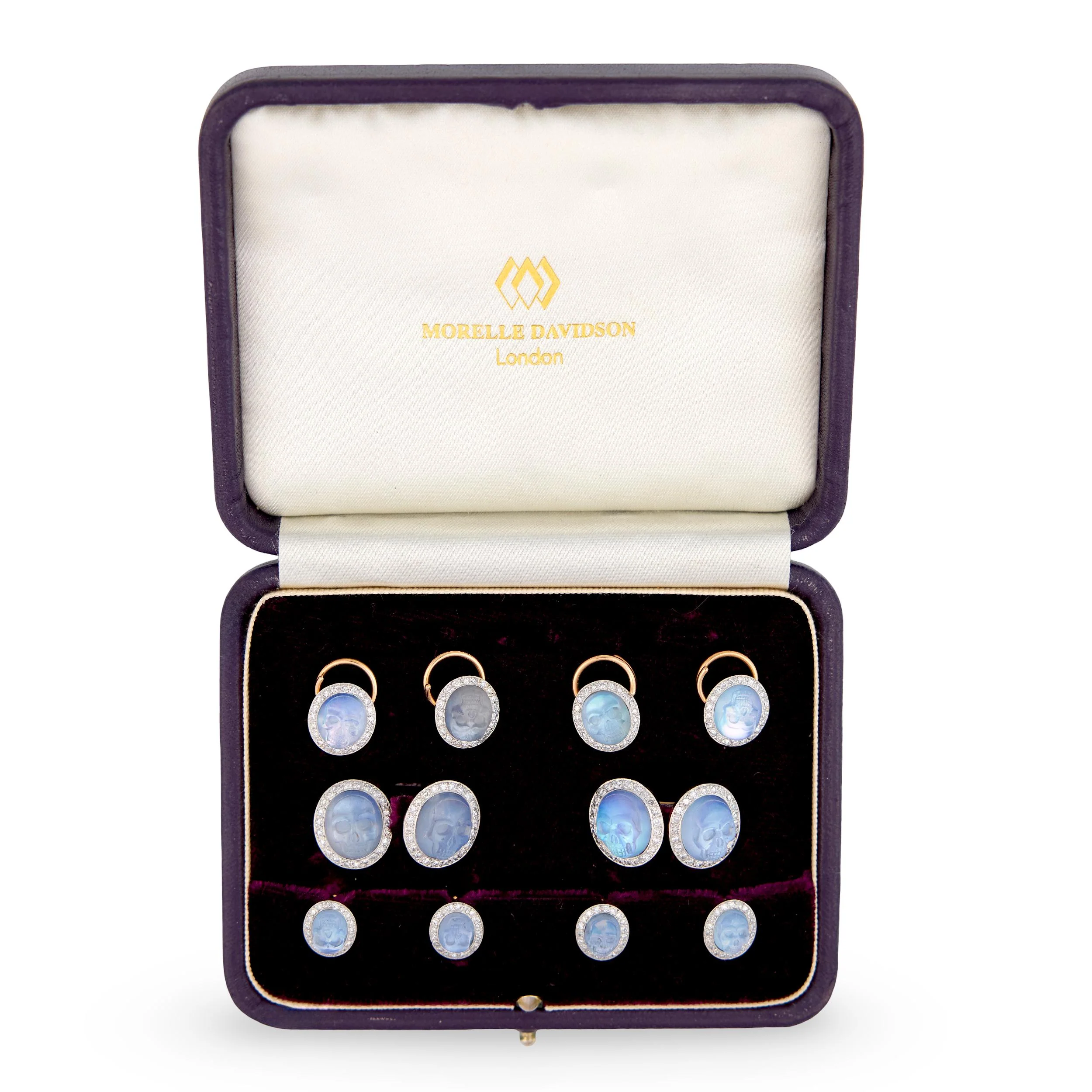 MORELLE DAVIDSON Estate 14k/Platinum Moonstone Skull-Motif 10-Piece Cufflink Set - Image 3