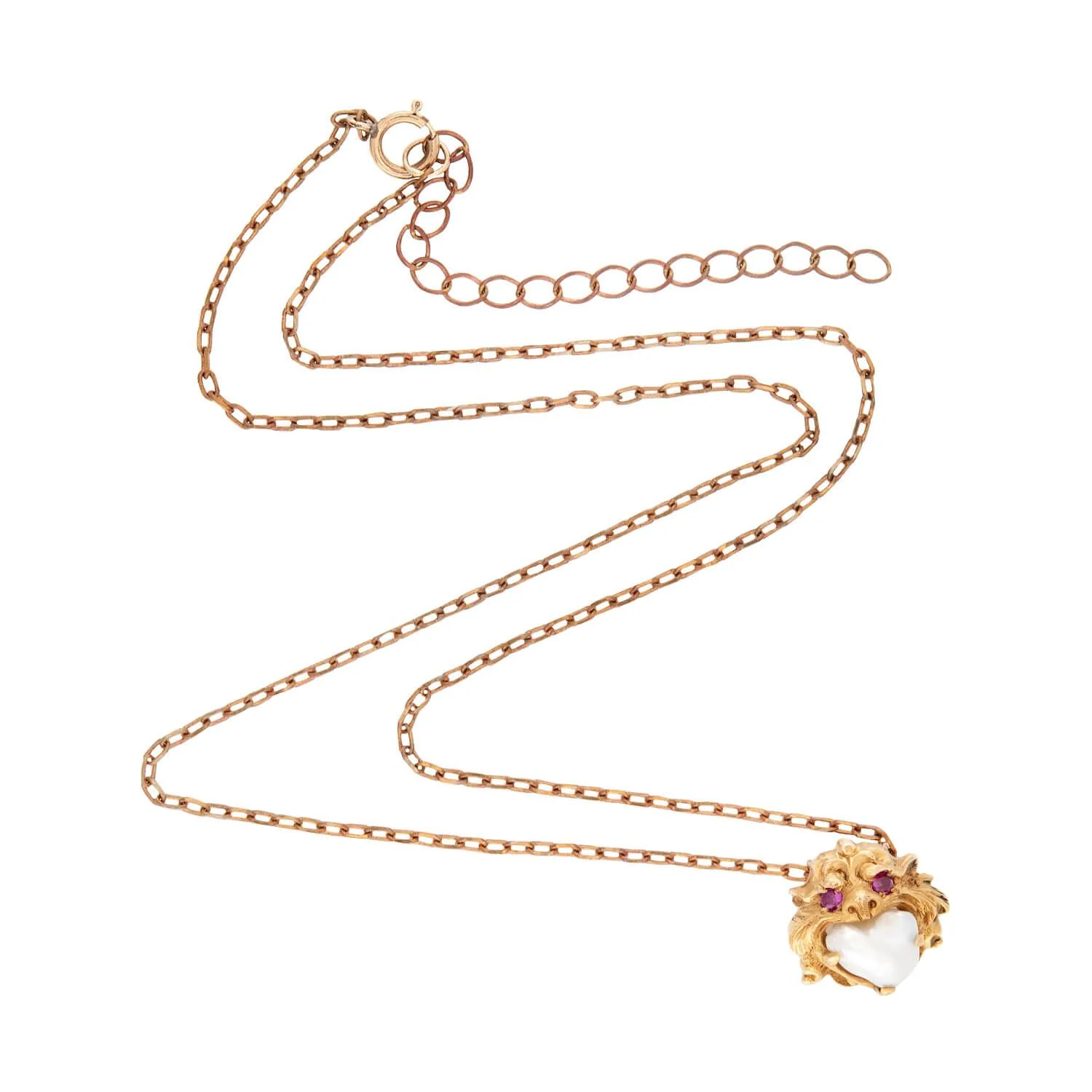 R. FRANTZ Art Nouveau 14k Pearl & Ruby Lion Pendant Necklace - Image 2
