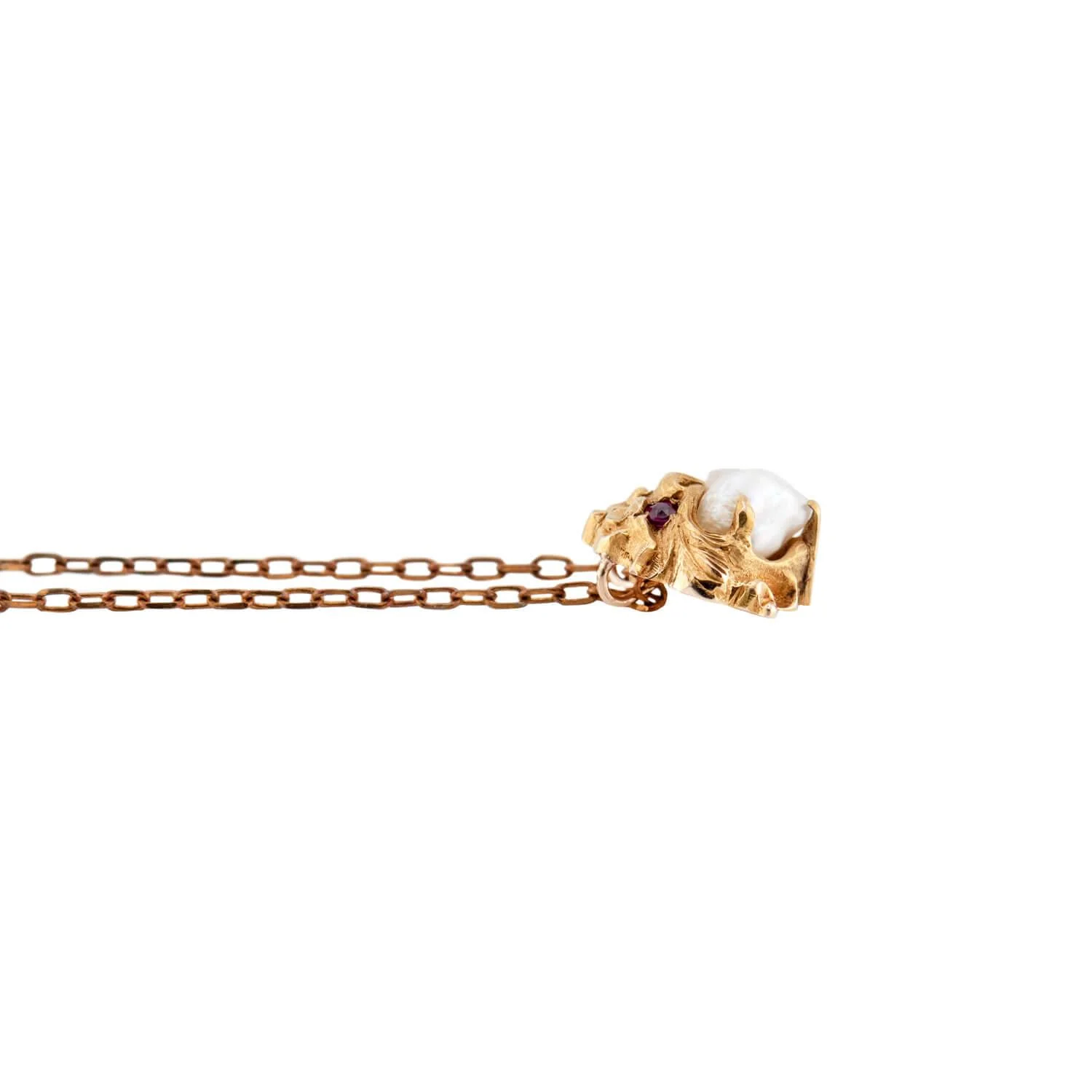 R. FRANTZ Art Nouveau 14k Pearl & Ruby Lion Pendant Necklace - Image 3