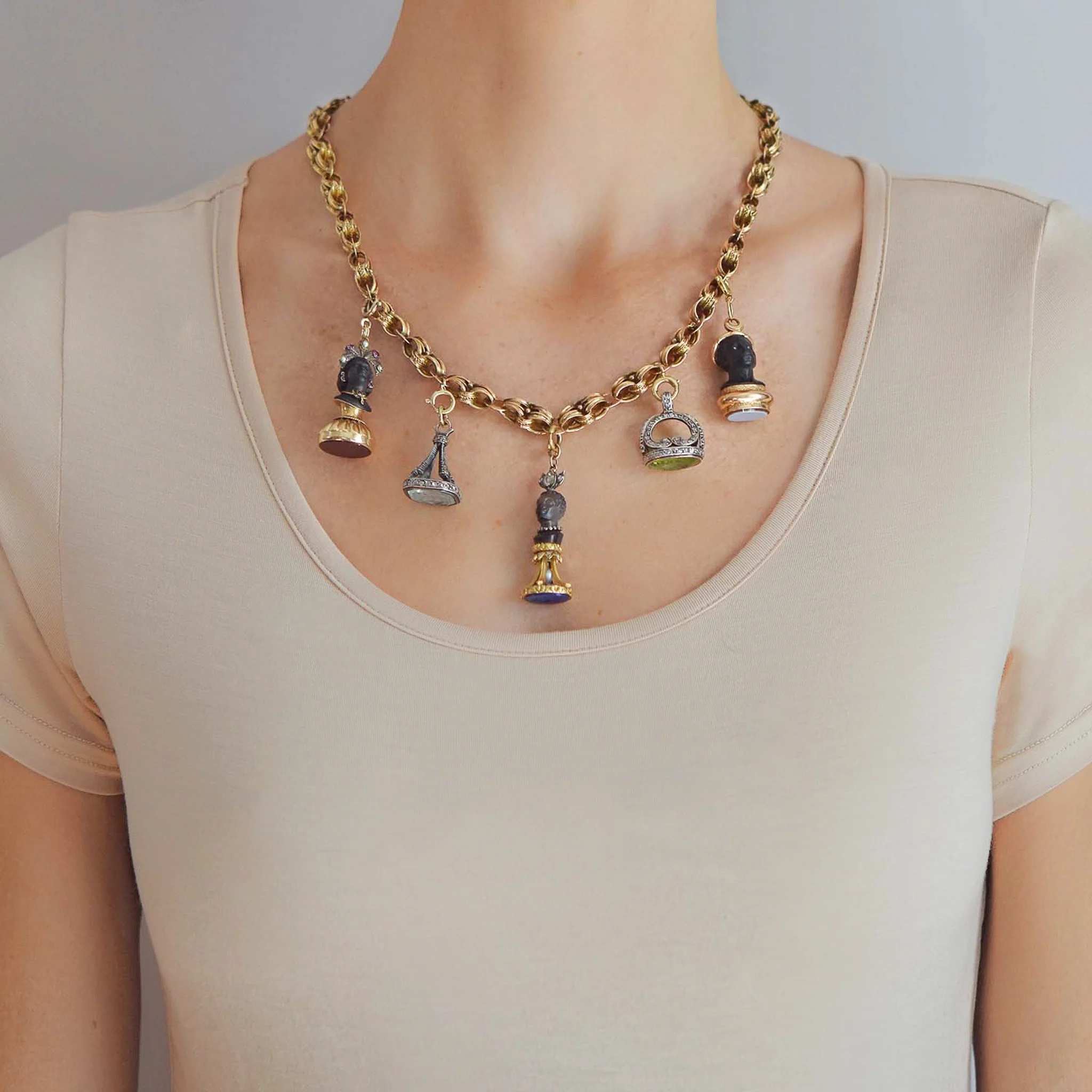 Rare Victorian + Georgian Blackamoor + Multi-Gemstone Fob Compilation Necklace 20.25" - Image 12