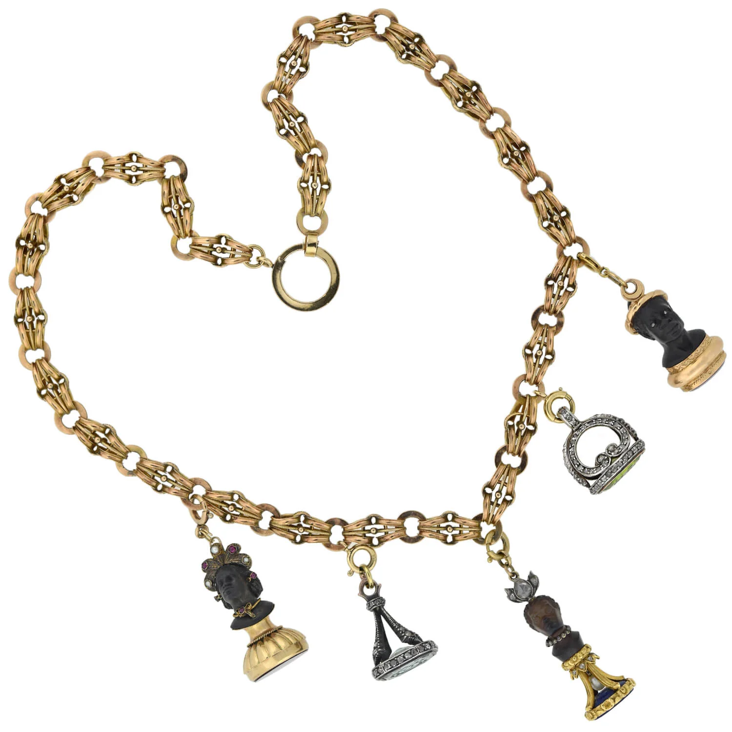 Rare Victorian + Georgian Blackamoor + Multi-Gemstone Fob Compilation Necklace 20.25" - Image 2