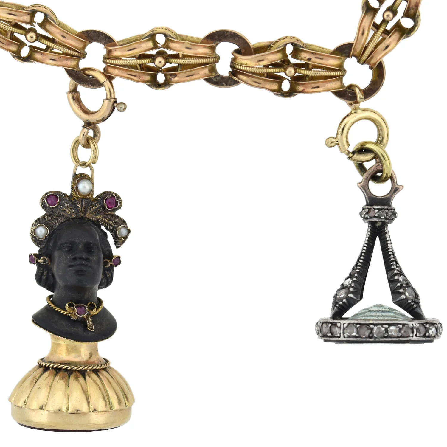 Rare Victorian + Georgian Blackamoor + Multi-Gemstone Fob Compilation Necklace 20.25" - Image 3