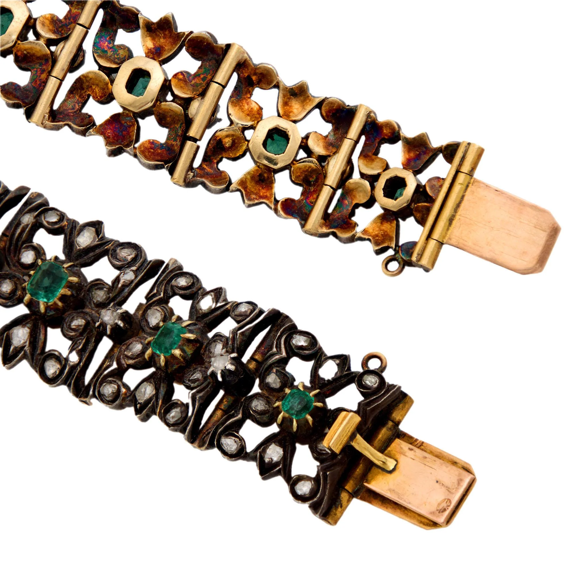 Regency Russian 14k Gold/Sterling Silver Emerald & Diamond Line Bracelet - Image 2