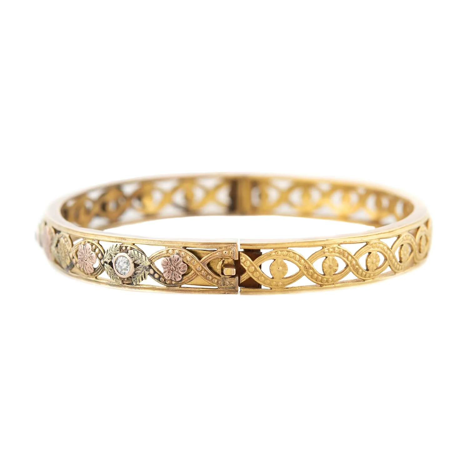 Edwardian 12k Yellow, Rose, and Green Gold Floral Diamond Bangle - Image 2