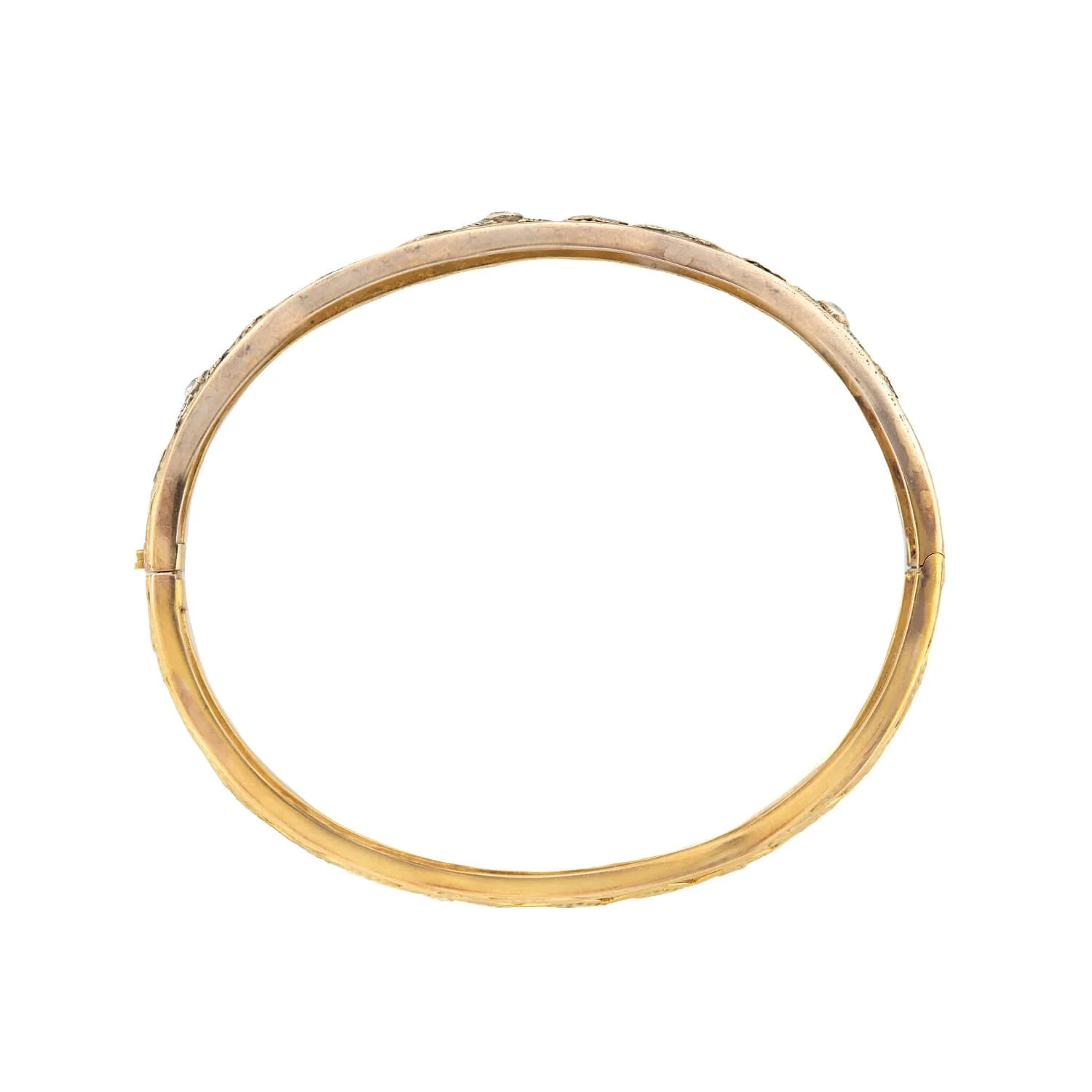 Edwardian 12k Yellow, Rose, and Green Gold Floral Diamond Bangle - Image 3