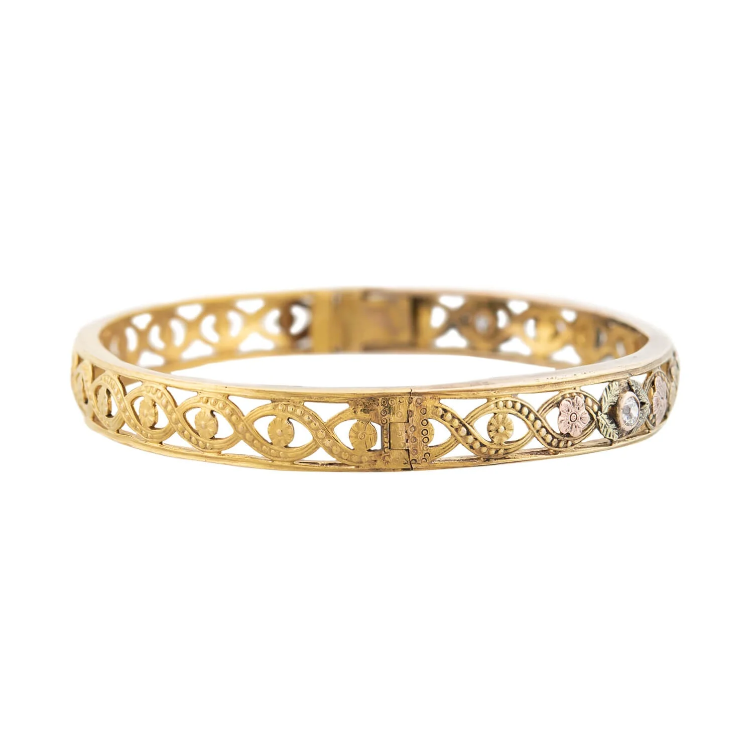 Edwardian 12k Yellow, Rose, and Green Gold Floral Diamond Bangle - Image 4