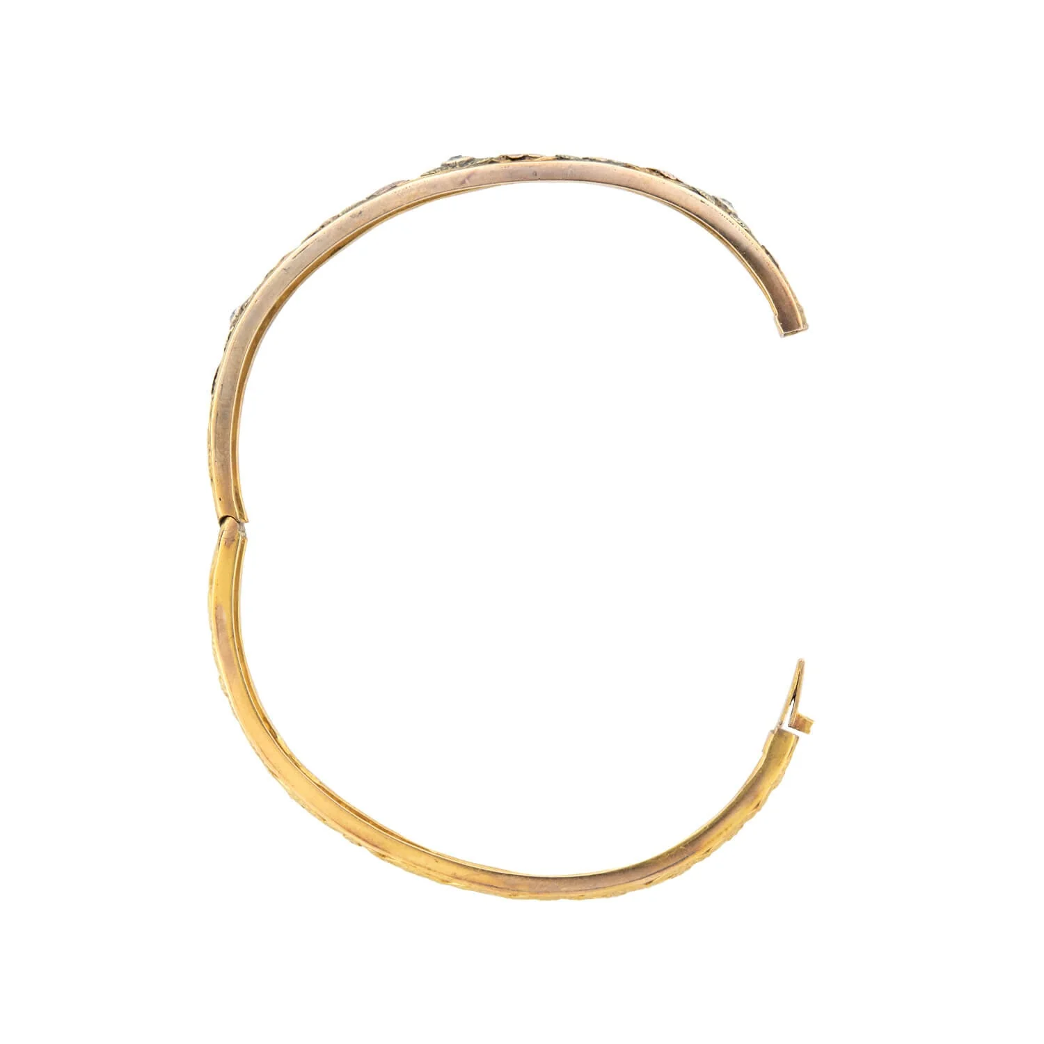 Edwardian 12k Yellow, Rose, and Green Gold Floral Diamond Bangle - Image 6