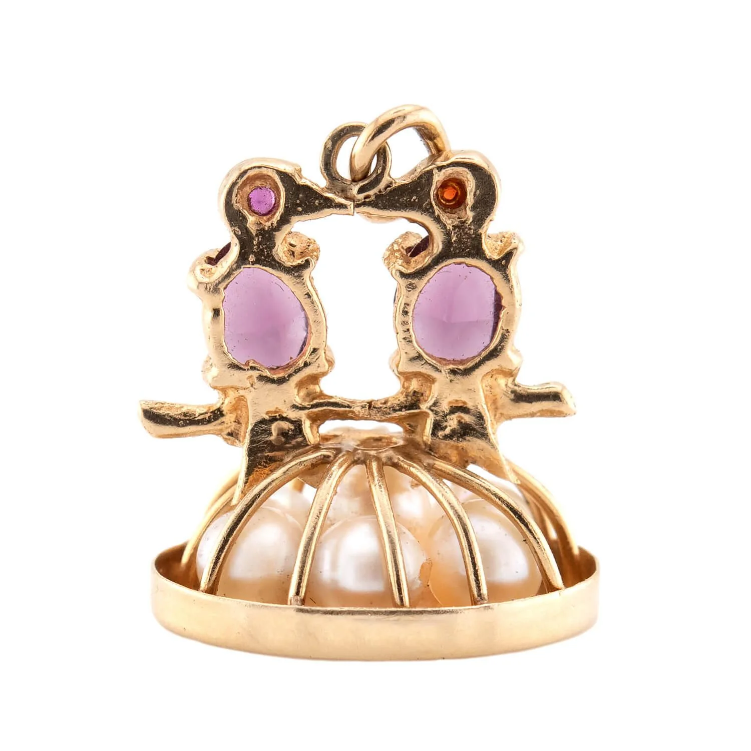 Retro 14k Garnet, Pearl, & Ruby Kissing Birds Pendant/Charm - Image 3
