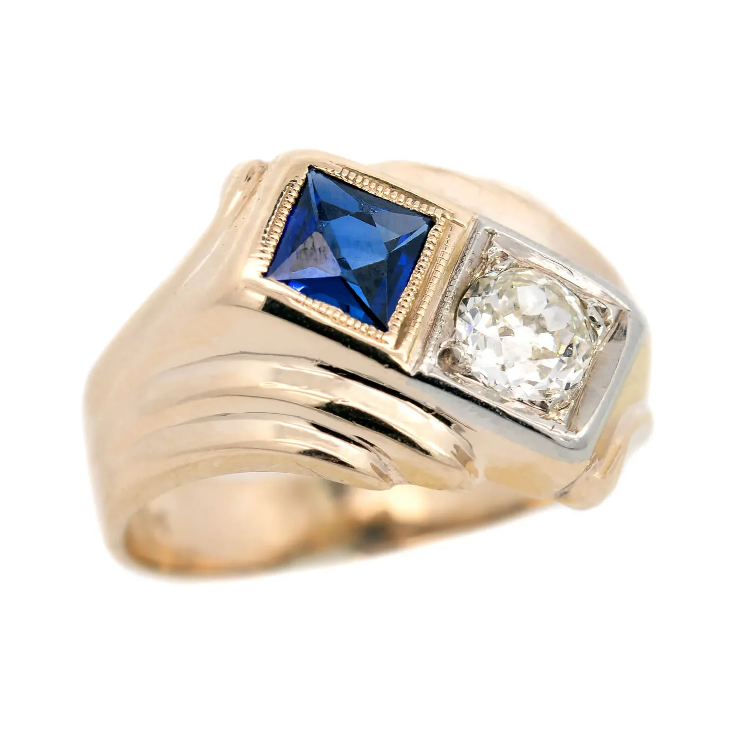 Retro 14k Gold Sapphire & Diamond Ring - Image 4