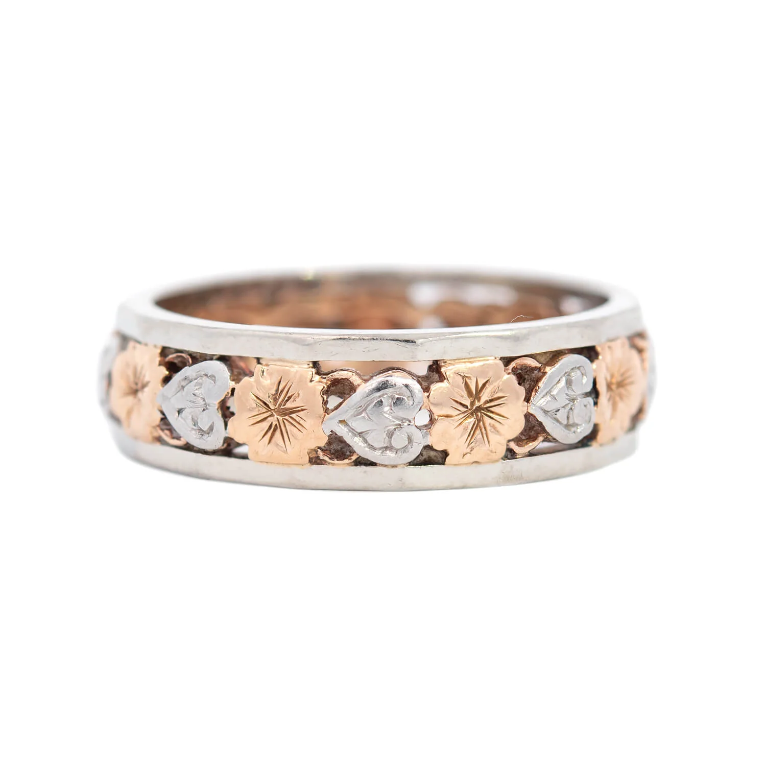 Retro 14k Mixed Metal Flowers & Hearts Motif Eternity Band - Image 3
