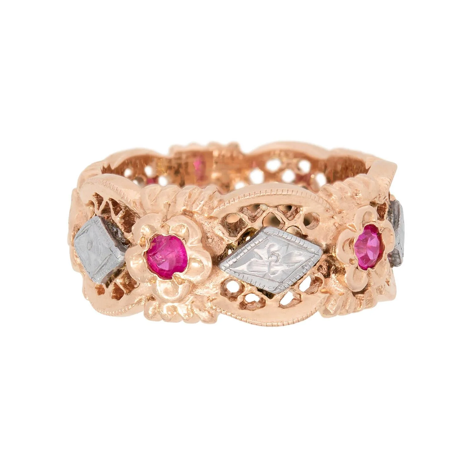 Retro 14k Mixed Metal Ruby Floral Motif Band - Image 2