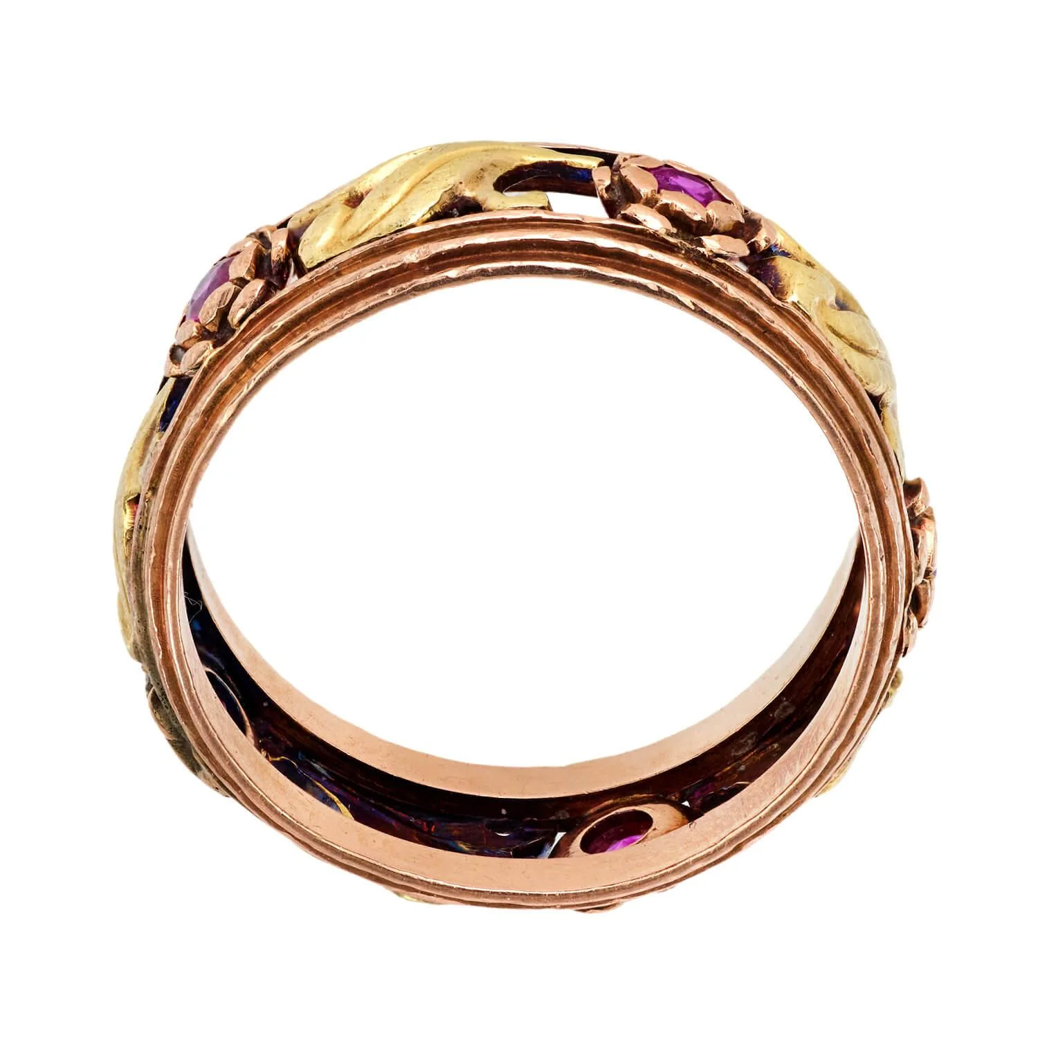 Retro 14k Mixed Metals Ruby Floral Motif Band - Image 2