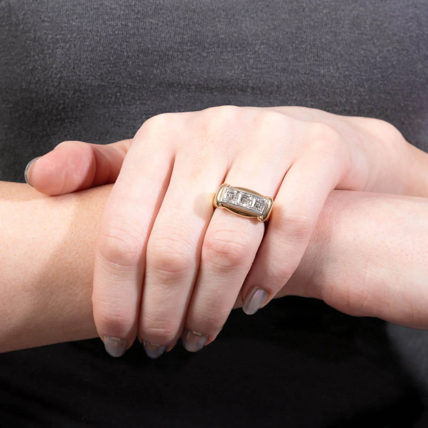 Retro 14k & Palladium Diamond Three Stone Ring - Image 8