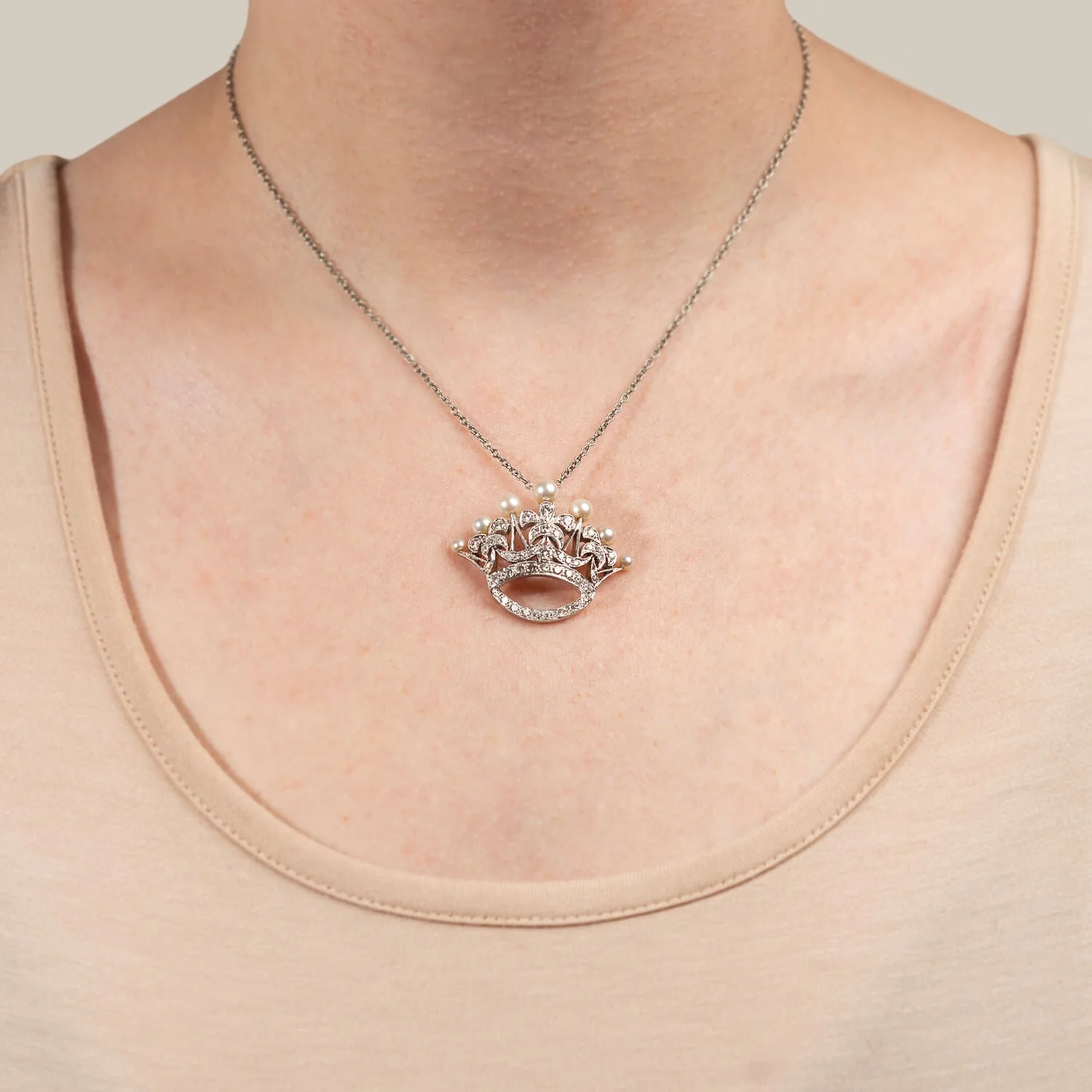 Retro 14kt/Platinum Diamond + Pearl Princess Crown Pendant - Image 5