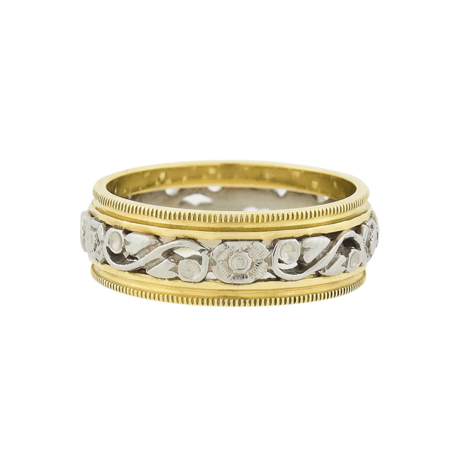 Retro 14kt Yellow + White Gold Mixed Metals Carved Floral Band