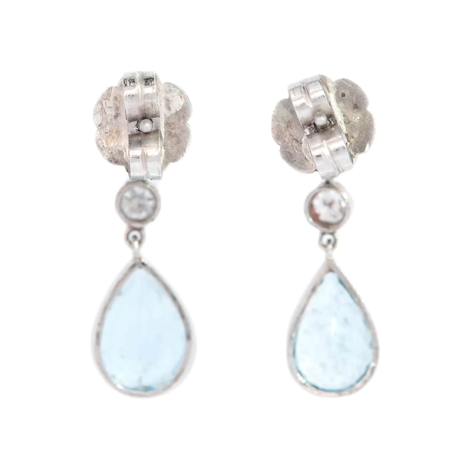 Retro Platinum Aquamarine and Diamond Dangle Earrings - Image 3