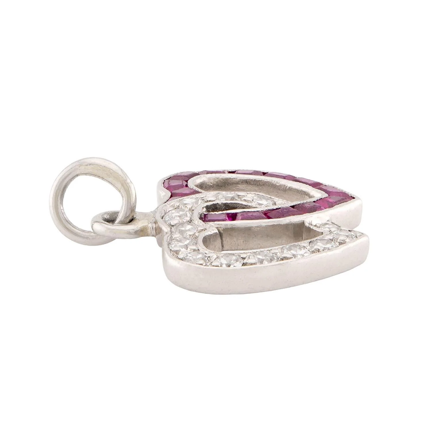 Retro Platinum Diamond & Ruby Double Heart Pendant/Charm - Image 2