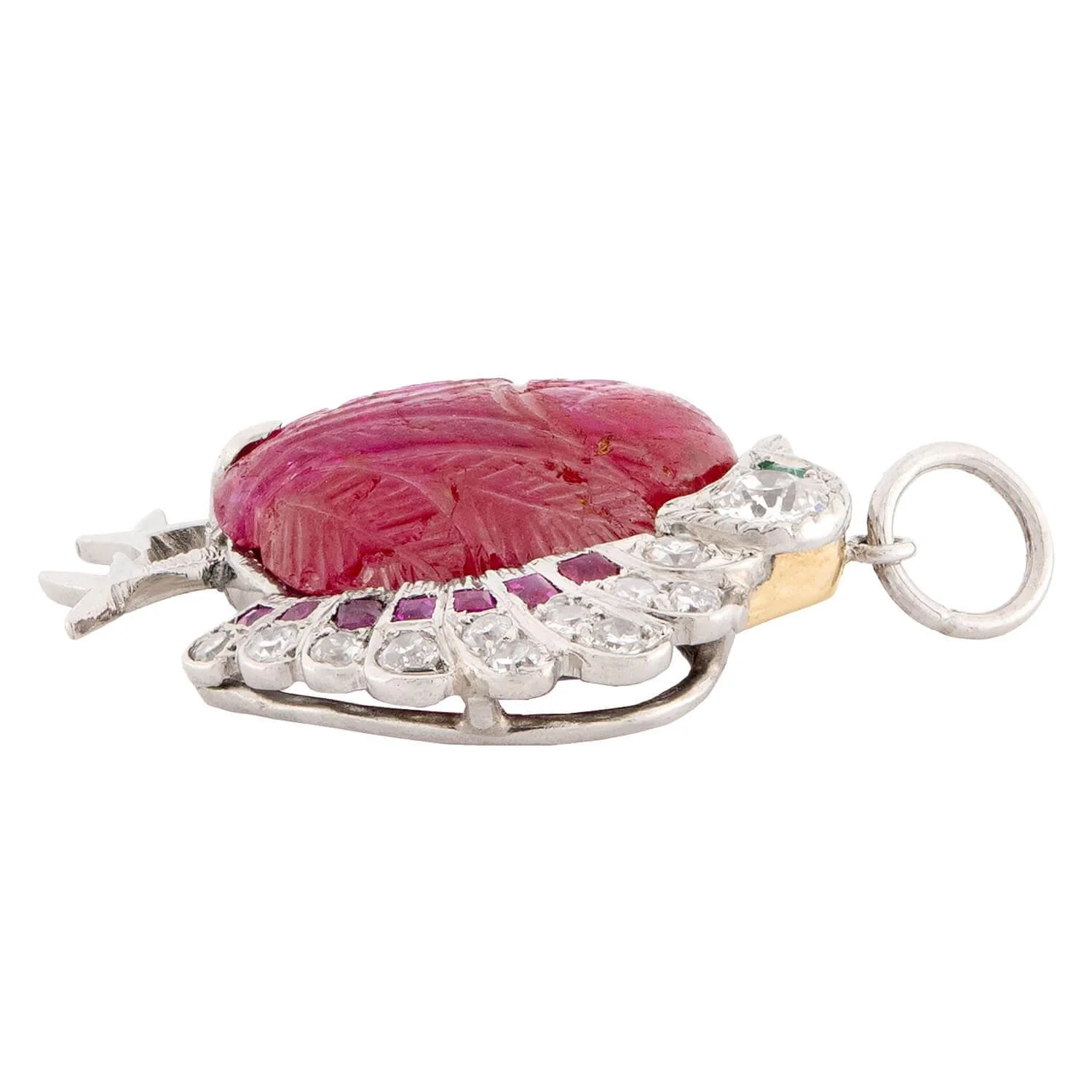 Art Deco Platinum Ruby, Emerald, & Diamond Turkey Pendant/Charm - Image 2