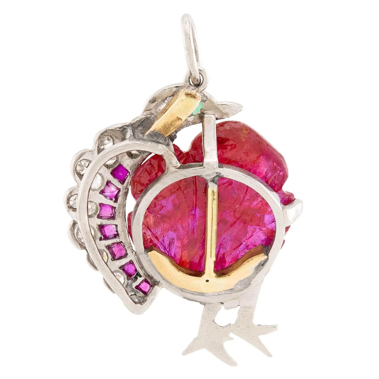 Art Deco Platinum Ruby, Emerald, & Diamond Turkey Pendant/Charm - Image 3