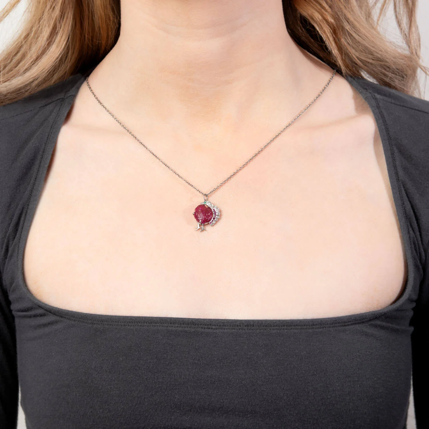 Art Deco Platinum Ruby, Emerald, & Diamond Turkey Pendant/Charm - Image 4