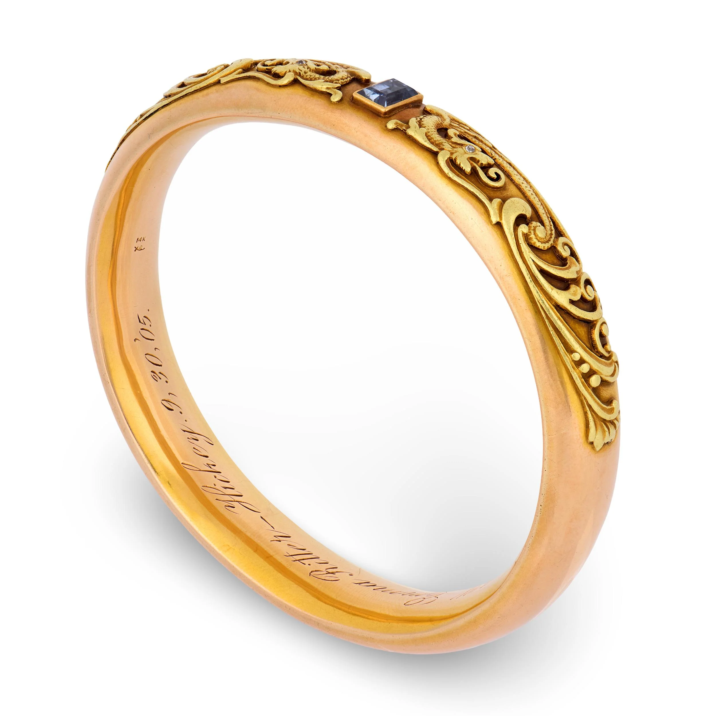 RIKER BROS. Art Nouveau 14k Diamond & Aqua Dragon-Motif Bangle - Image 3