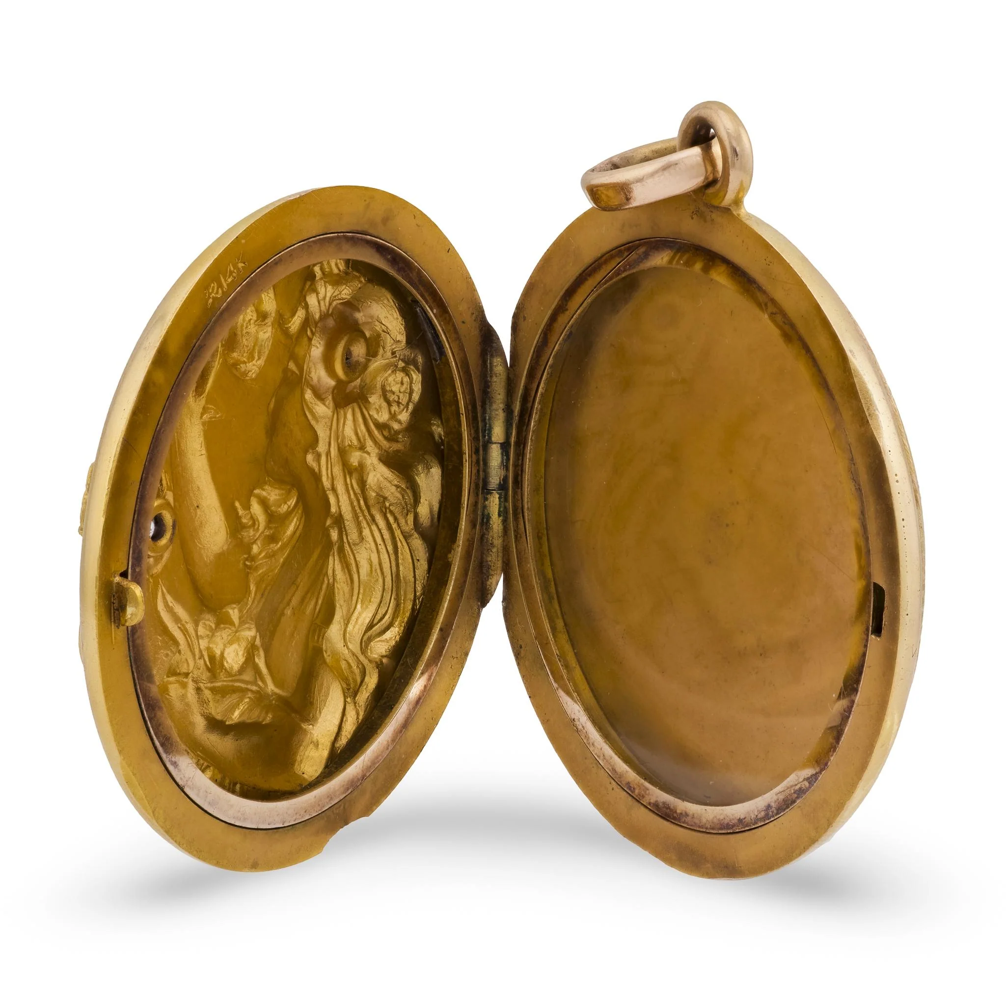 RIKER BROS Art Nouveau 14k Diamond & Enamel Repousse Locket - Image 3
