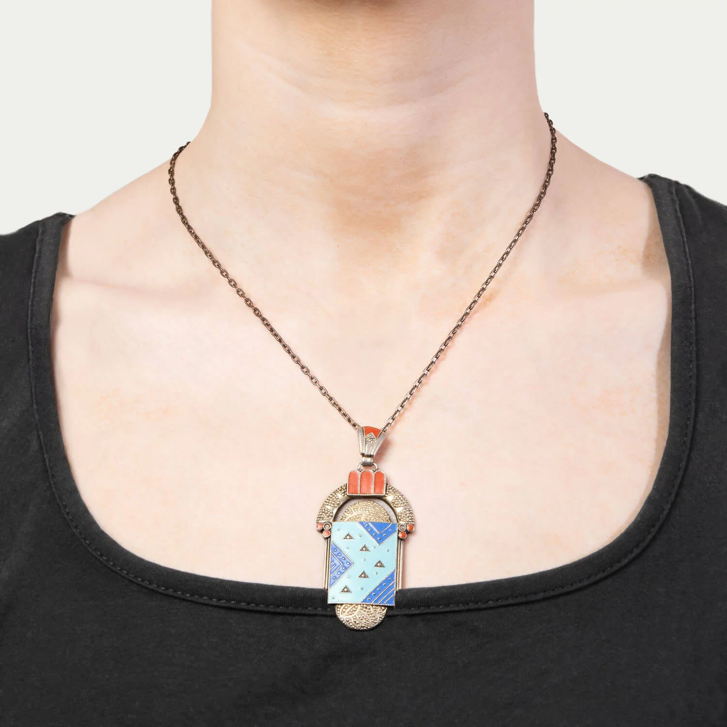 THEODOR FAHRNER-inspired Art Deco Sterling Silver and Enamel Pendant Necklace - Image 8