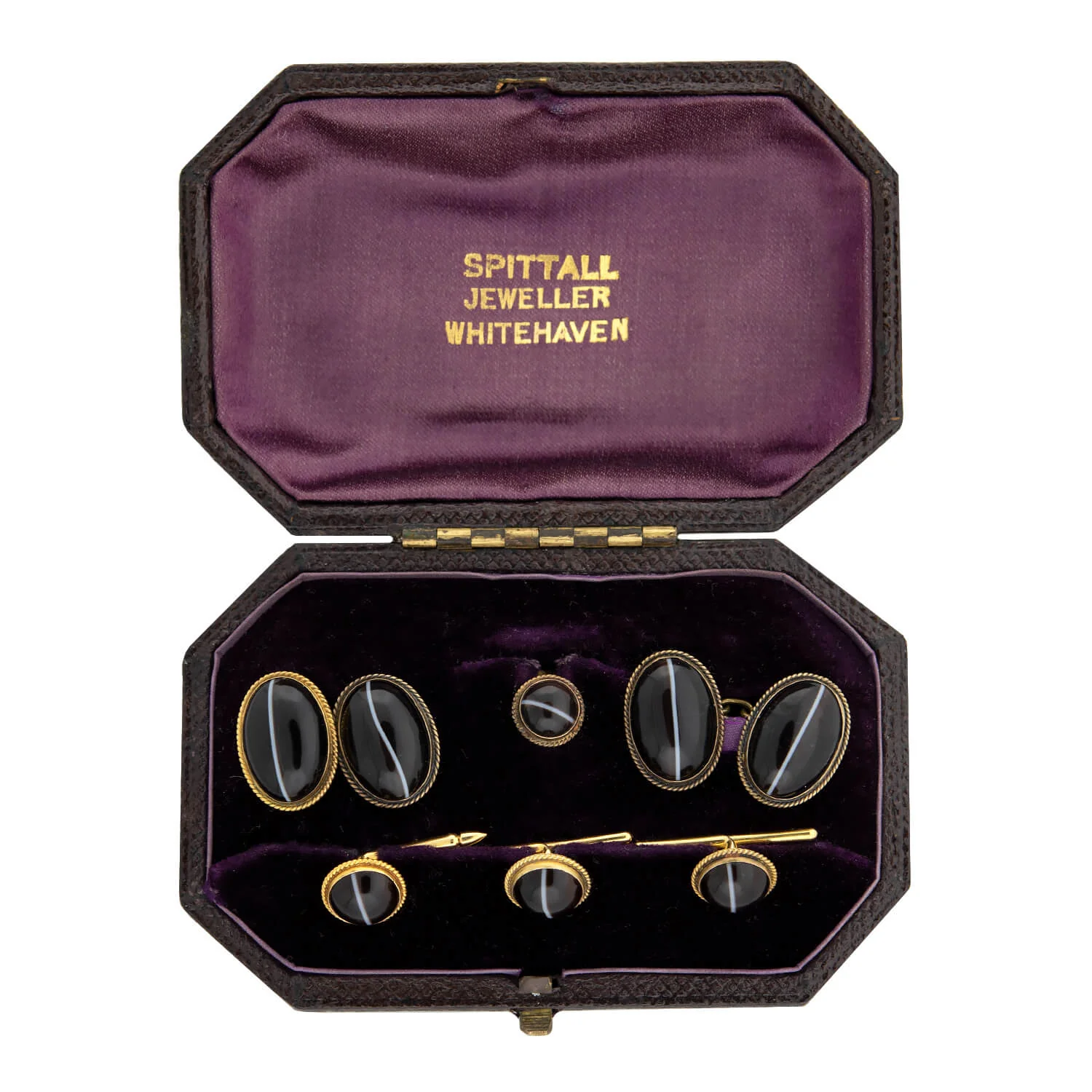 Victorian 14k Banded Agate Cabochon 6-Piece Cufflink Set with Original Box - Image 11