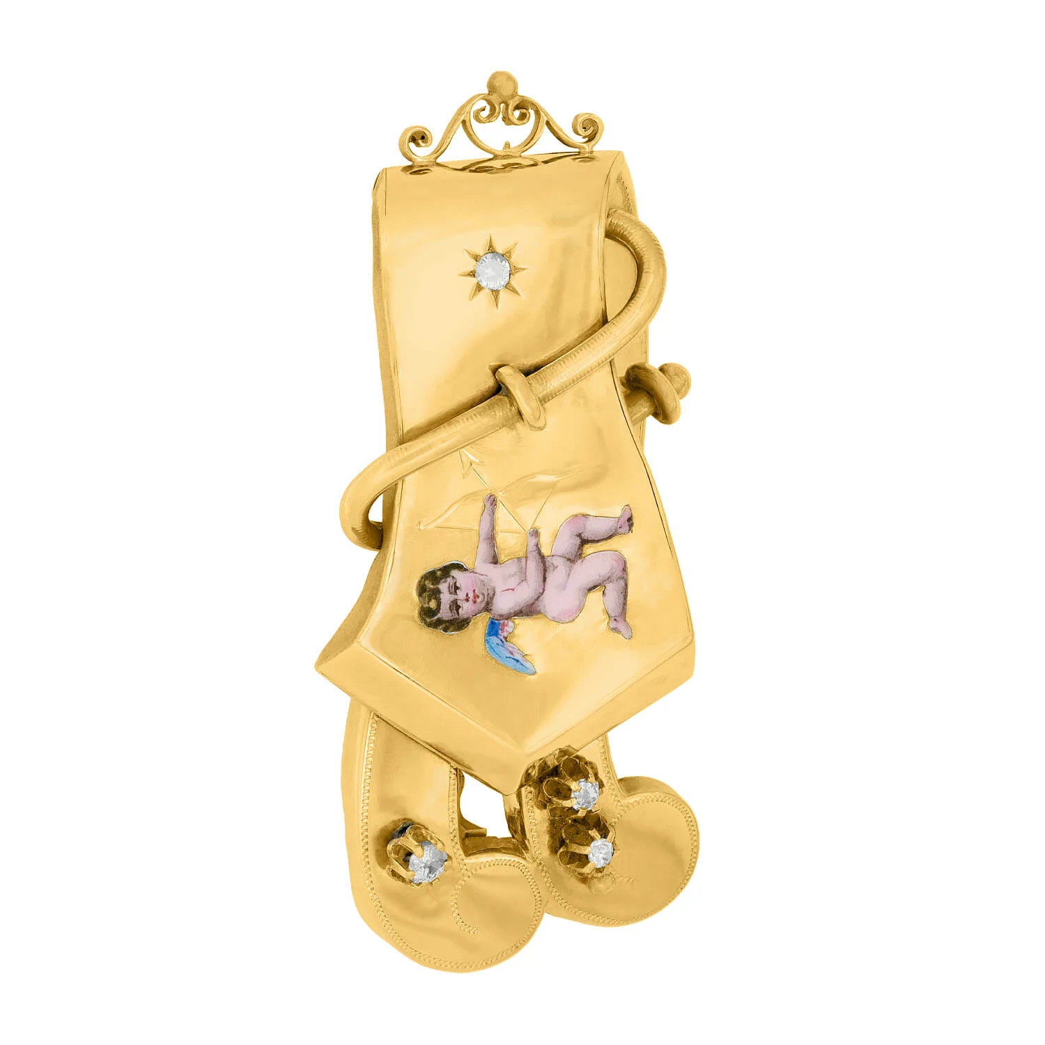 Victorian 14k Cherub Enamel and Diamond Buckle Bracelet + Earring + Brooch Set - Image 5