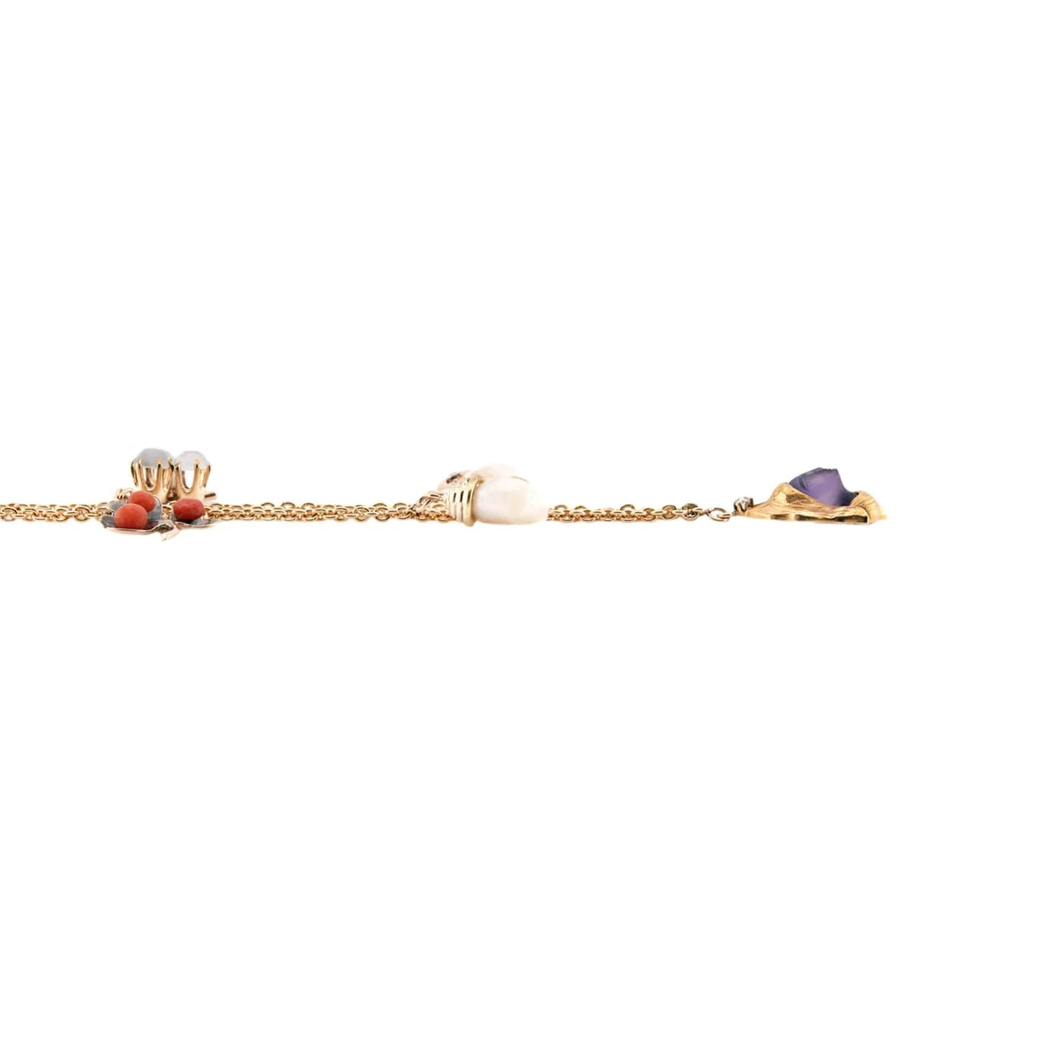 Victorian 14k Coral, Pearl, Amethyst, and Moonstone Charm Necklace - Image 3
