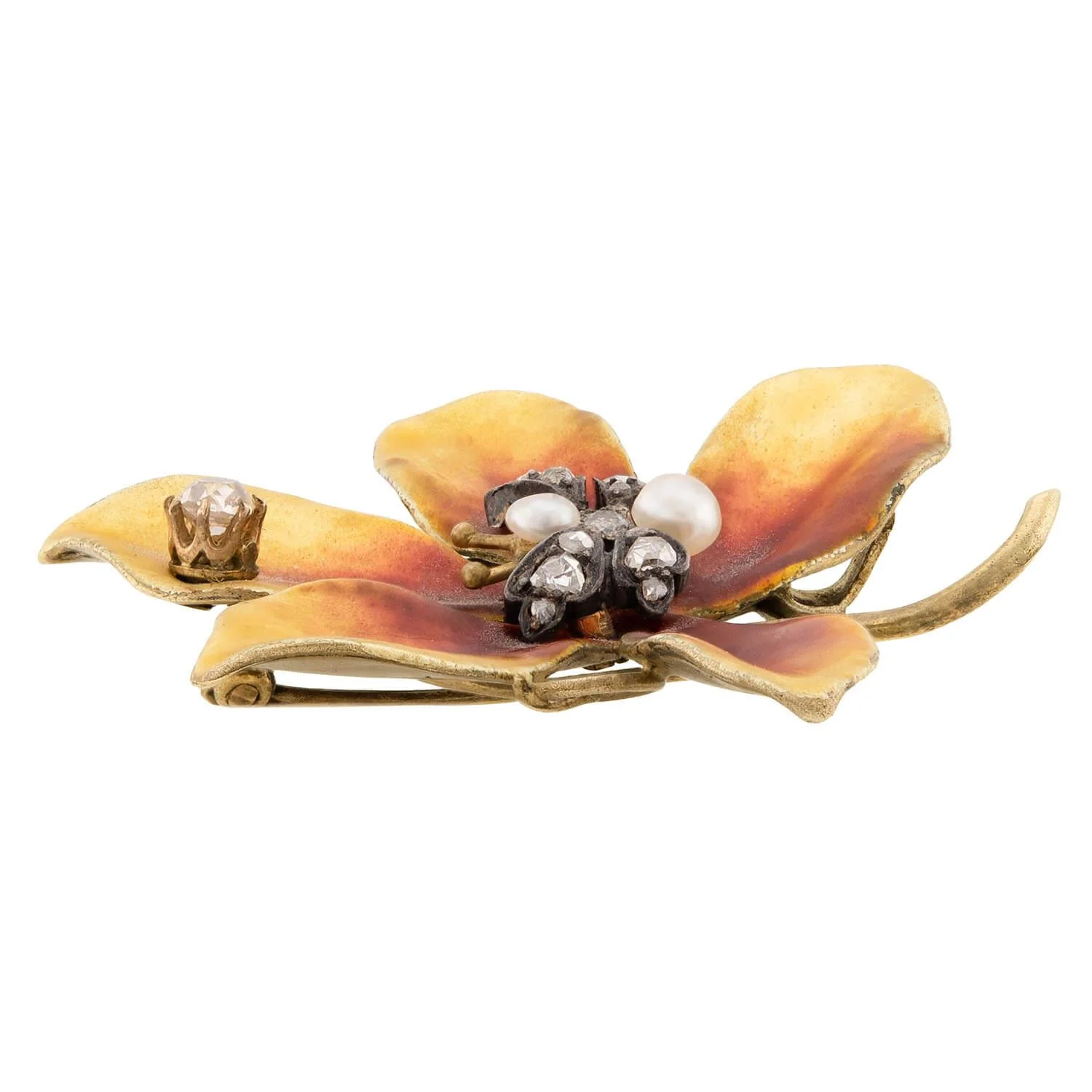 Victorian 14k Diamond, Pearl, and Enamel Flower Pin - Image 2