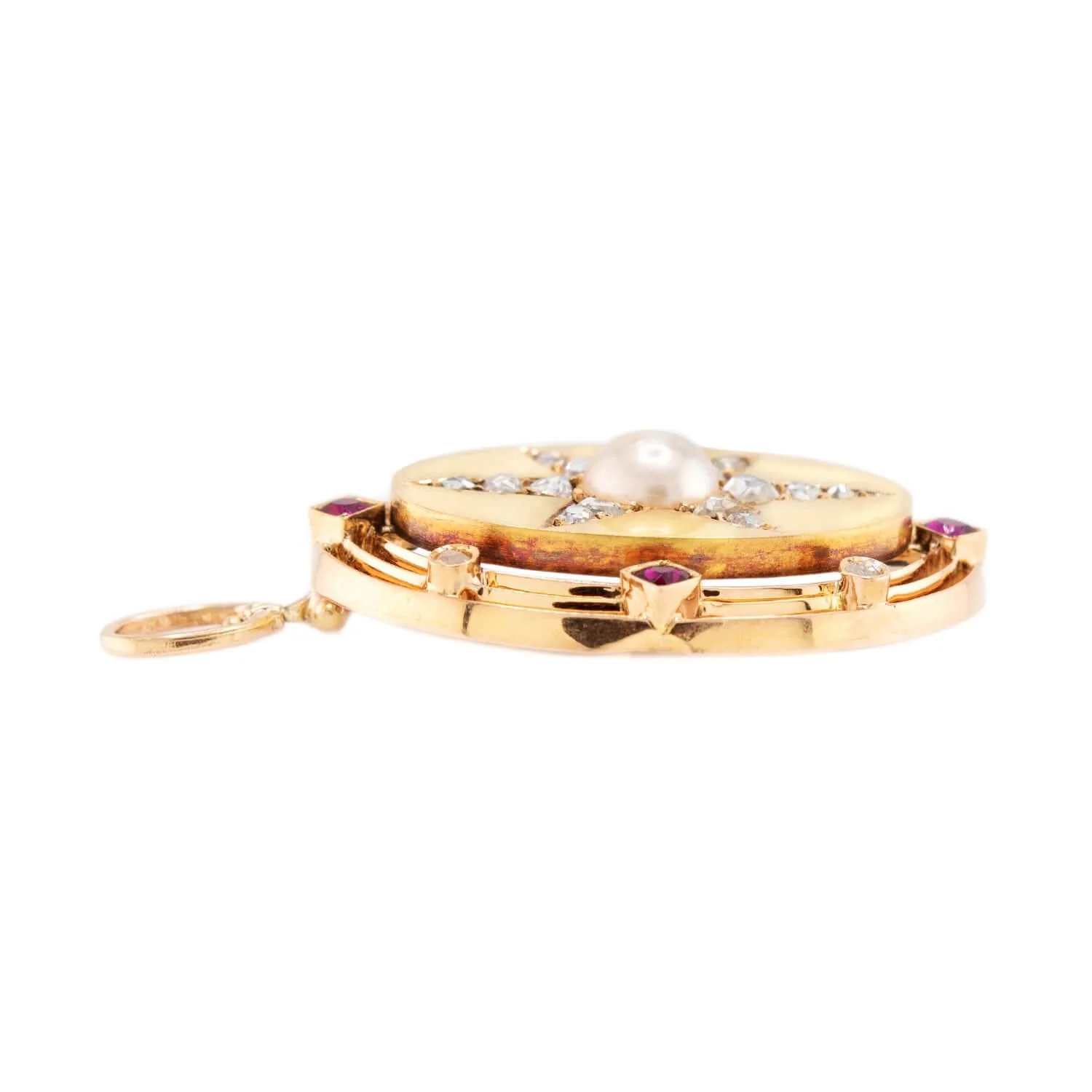 Victorian 14k Diamond, Ruby & Pearl Starburst Pendant - Image 2