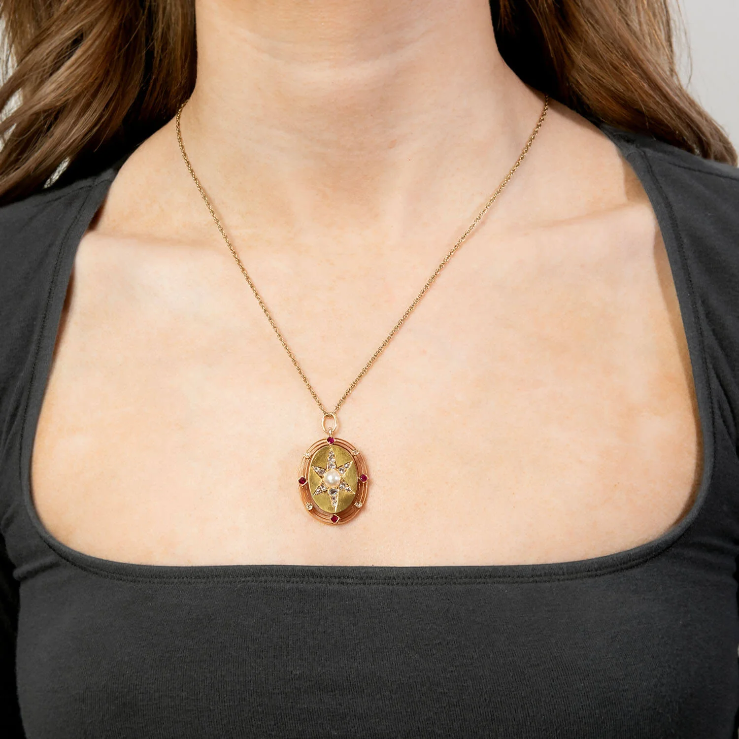Victorian 14k Diamond, Ruby & Pearl Starburst Pendant - Image 5