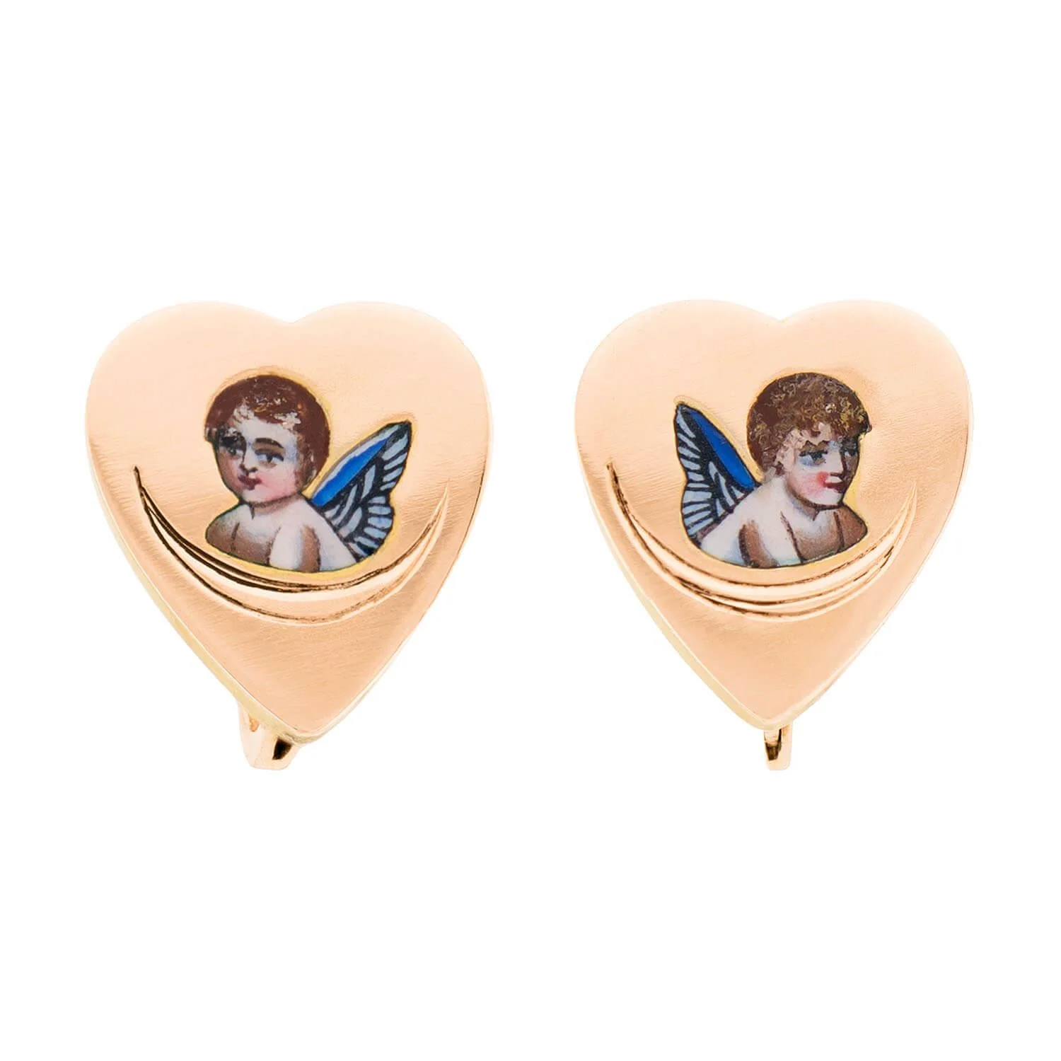 Victorian 14k Enamel Heart Motif Cherub Earrings