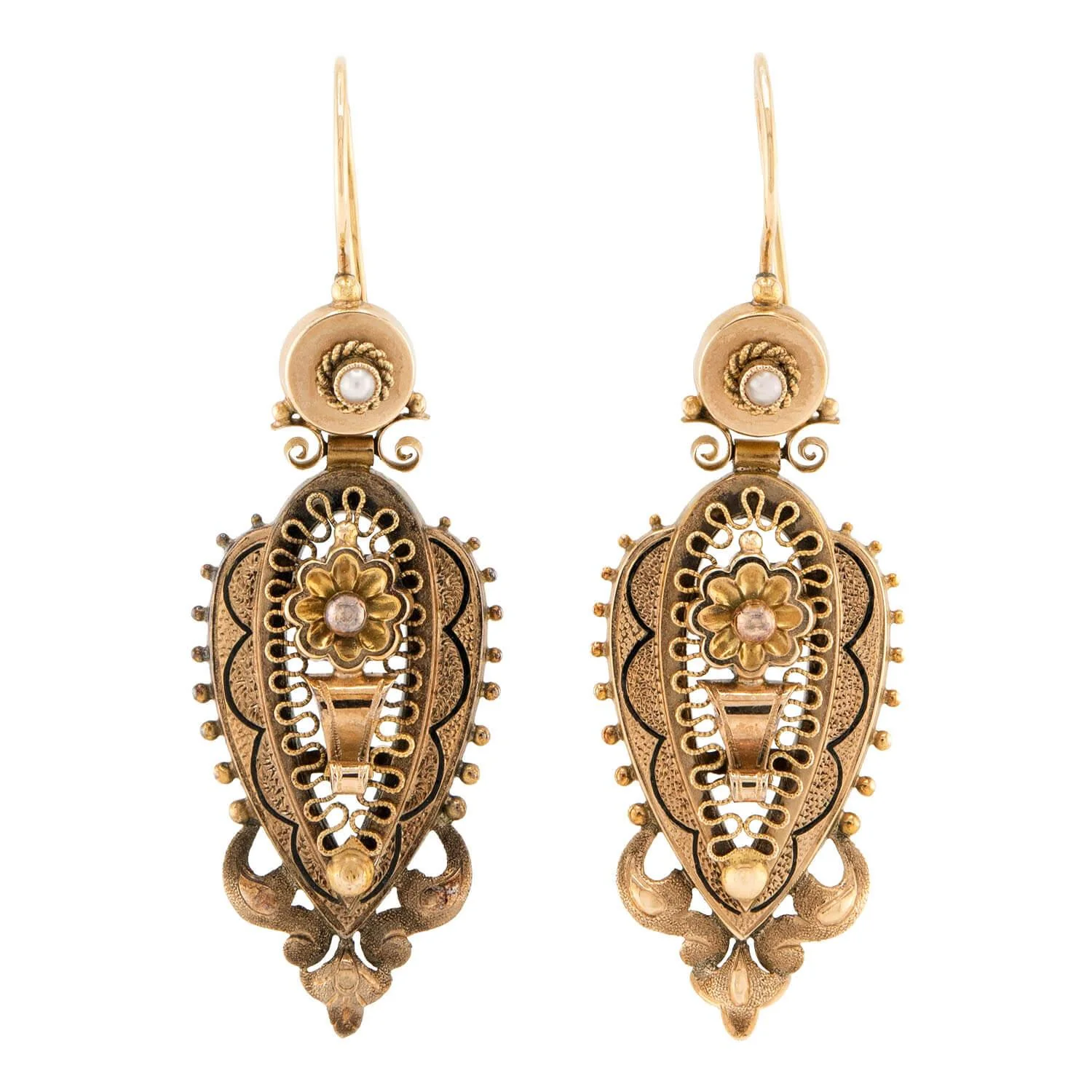 Victorian 14k Etruscan Enamel & Pearl Earrings