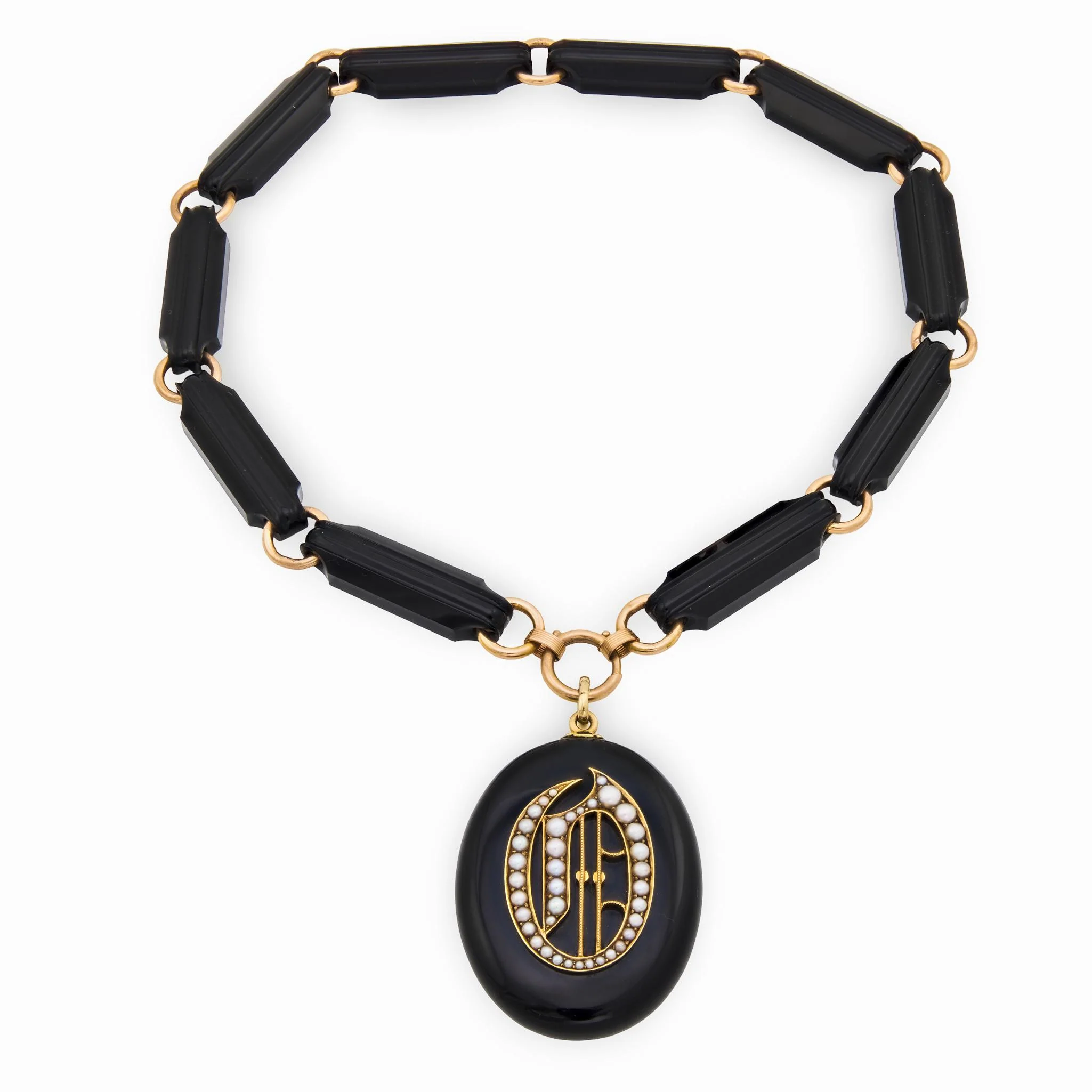 Victorian 14k Jet & Pearl Locket Pendant Necklace - Image 2