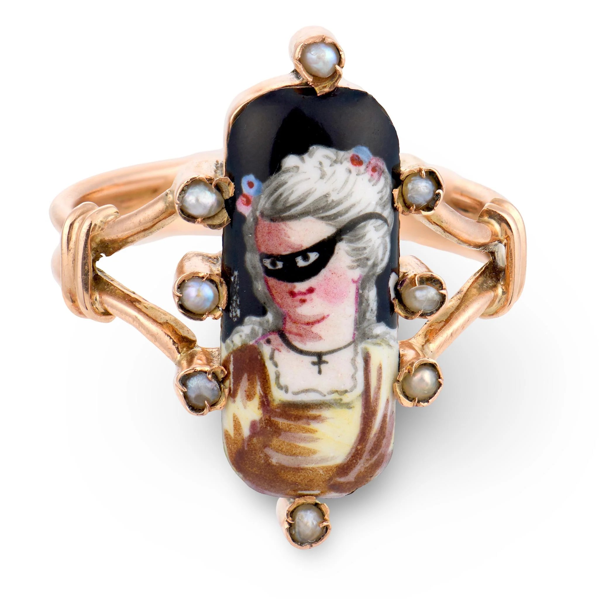 Victorian 14k Pearl & Enamel Masked Woman Portrait Ring - Image 2