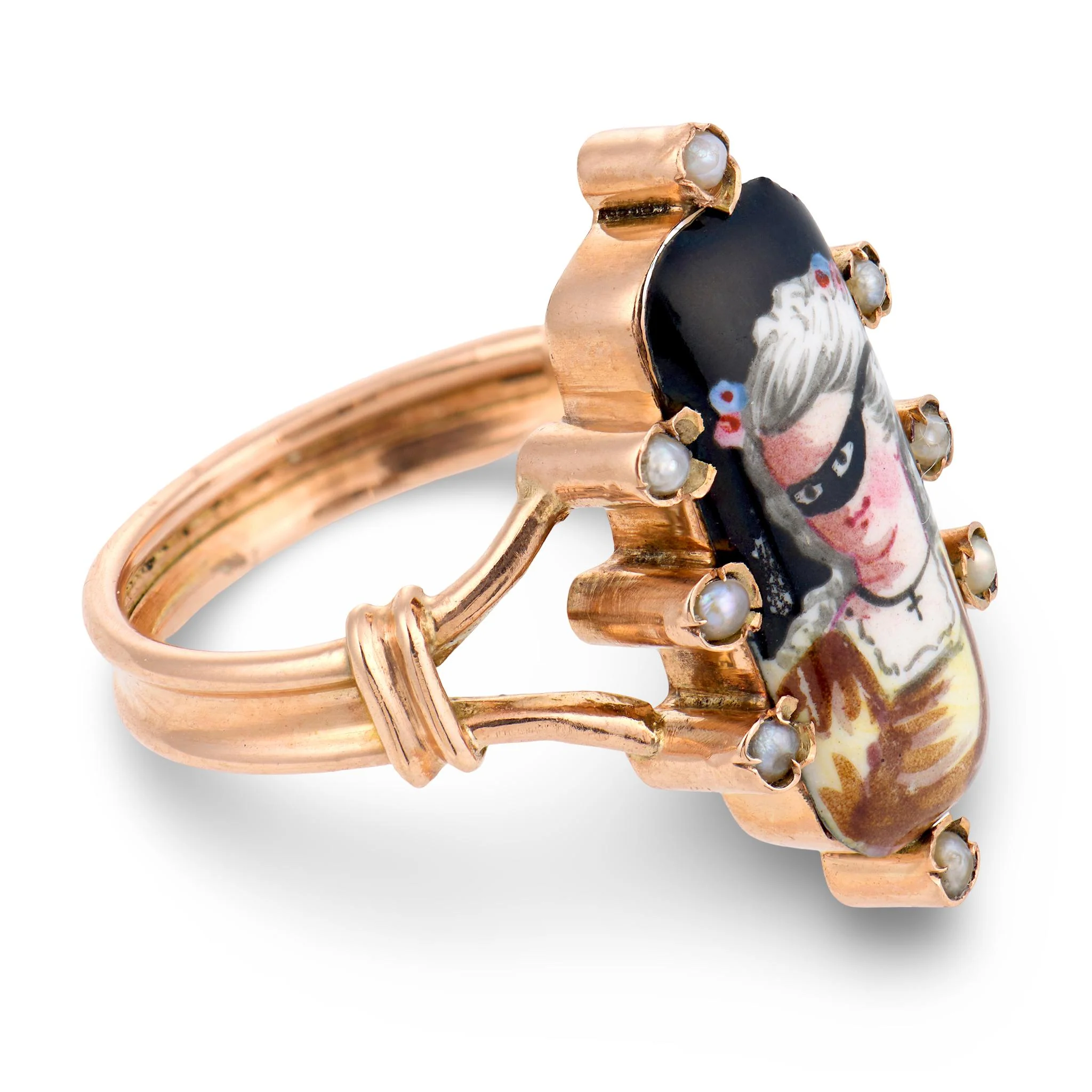 Victorian 14k Pearl & Enamel Masked Woman Portrait Ring - Image 3