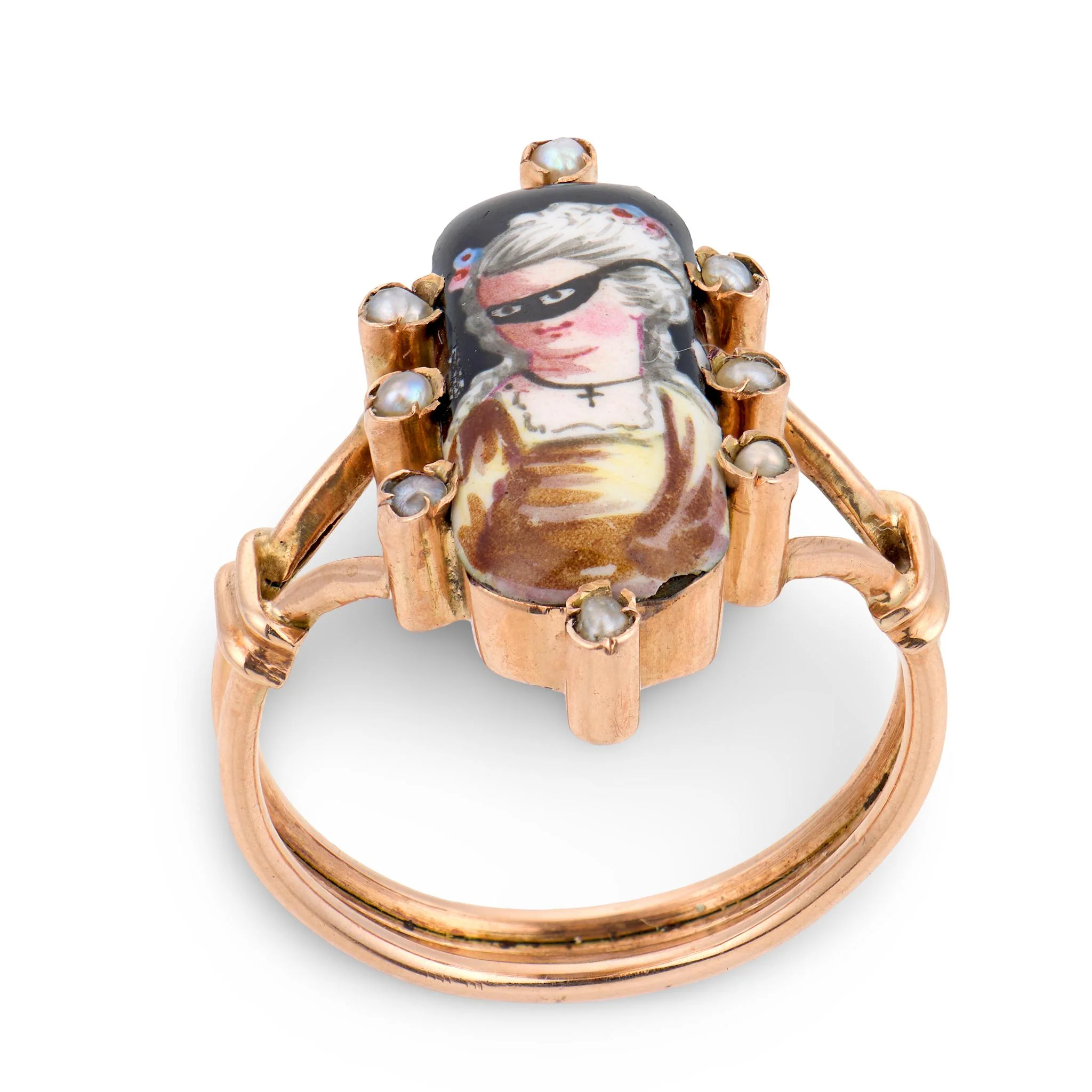 Victorian 14k Pearl & Enamel Masked Woman Portrait Ring - Image 5